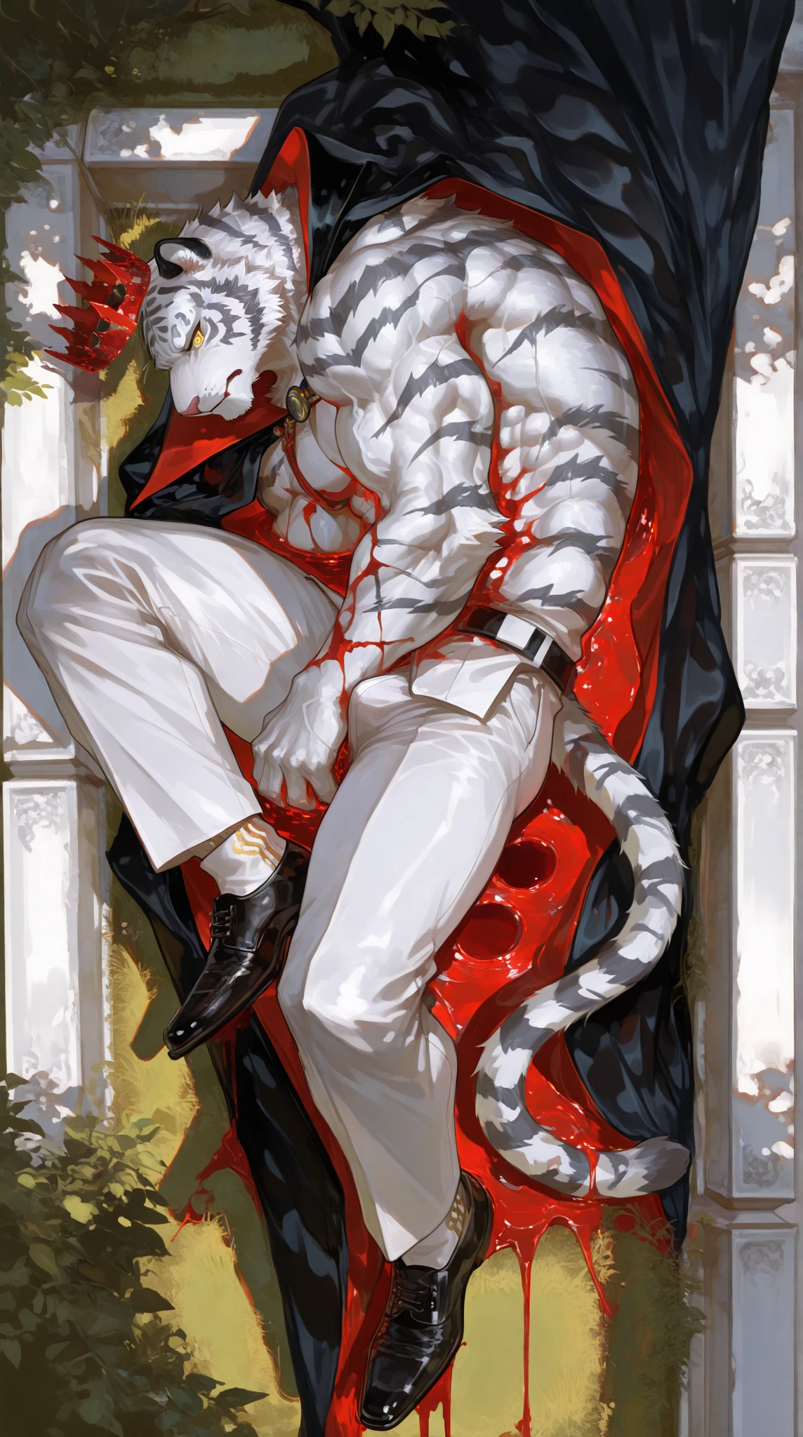1boy,man,janemba,tall,(fang:1.5),(skinny:1.5),pectorals,ighting_stance,lying,on bed,