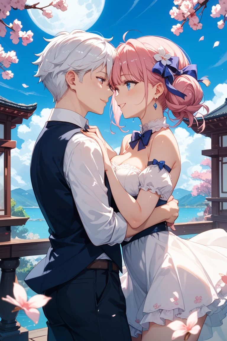 {{{tmasterpiece}, }}, {extremely detaild的 CG unified 8k wallpapers}, Amazing cleavage, Detailed expressions, Alone, {{Hug the waist}, }, {{Sakura NS}, }, Outdoor sports, sky sky, {{ventania}, }, detailedbackground, beautidful eyes, ssee-through:evening formal robes:0.3,  Bright pupils, {{Full body lesbian}, }, dynamicposes, dynamic angle, looking at viewert, 电影灯光, Best quality at best，cherry blossom