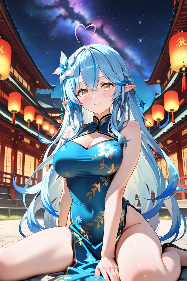 (Light blue hair:1.2),(Fluffy long hair with curls:1.2),(Light yellow eyes),(With bangs),(First visit to a shrine:1.25),(colourfull:1.2),(Staring at me),(Japanese pattern clothing:1.4),(accessories like flowers and crystals:1.3),(Lower breast:1.5),(Transparent double sleeve long sleeves:1.5),(chest protruding from clothes,:1.4),(Smiling happily:1.3),Slight red tide,(Kamimei),(Close-up of face 1.5),(black and blue and yellow and green:1.25),