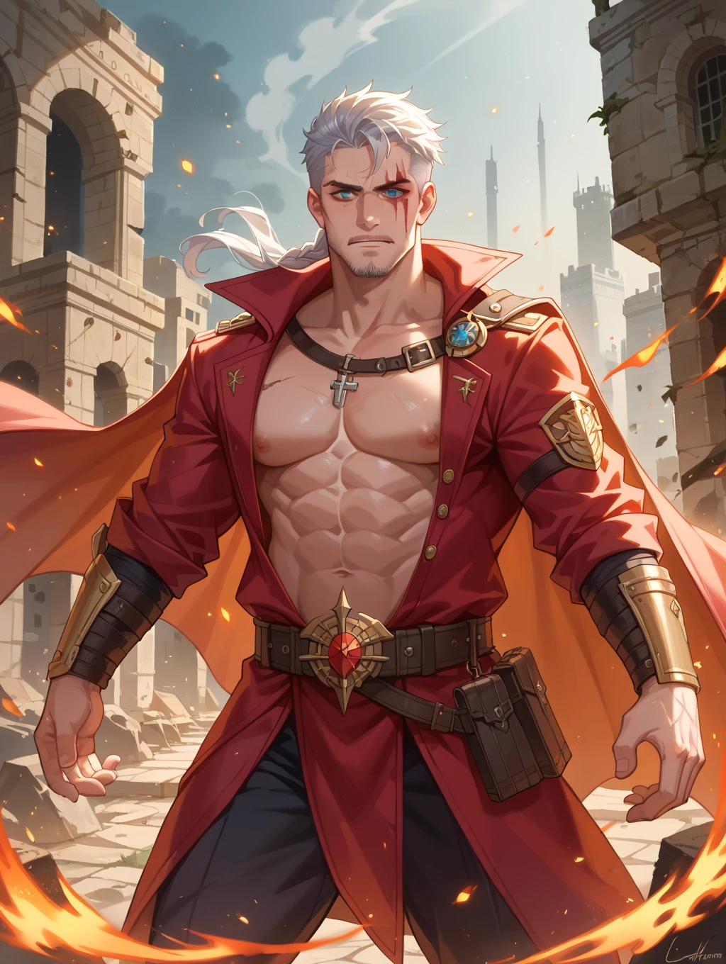 30 years old, big eyes, Chinese male, stubble, short white hair, huge muscles, exaggerated muscles, mature man, muscle swelling, bodybuilding, pectoral muscles, abs, in the castle, nutcracker, wearing medieval gorgeous costumes, vampire, fangs, red cape, wheat-colored skin, 1man, standing, night, pointed ears, red gemstone ring, ruby necklace, ruby bracelet, red eyes