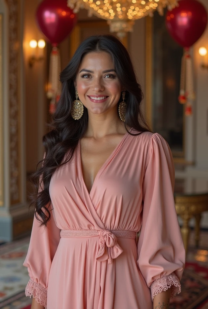 This image showcases the subject's captivating beauty and graceful poise. The subject's long, dark hair cascades in lush waves, framing her face in a visually striking manner. Her gaze is confident and engaging, drawing the viewer in with an alluring sense of mystery, (seductive pose with a cute smile looking at camer).((lady with big busty  and hourglass seductive body, weight approx 65 kg with height of 6ft))

The subject's attire is the true showstopper - a stunning, burgundy gown with an intricately ruffled bodice and flowing skirt. The rich, jewel-toned hue of the dress complements the subject's complexion beautifully, while the dramatic silhouette and delicate floral accents elevate the ensemble to a realm of refined elegance.

The outdoor setting, with its verdant backdrop of lush foliage and vibrant blooms, serves as an enchanting complement to the subject's refined, romantic aesthetic. The overall scene evokes a sense of enchantment and timeless glamour, inviting the viewer to appreciate the subject's inherent grace and charisma.

This visually striking image successfully captures the subject's innate beauty and refined style in a tasteful, artful manner that avoids objectification. The viewer is left to admire the subject's captivating presence and alluring charm.