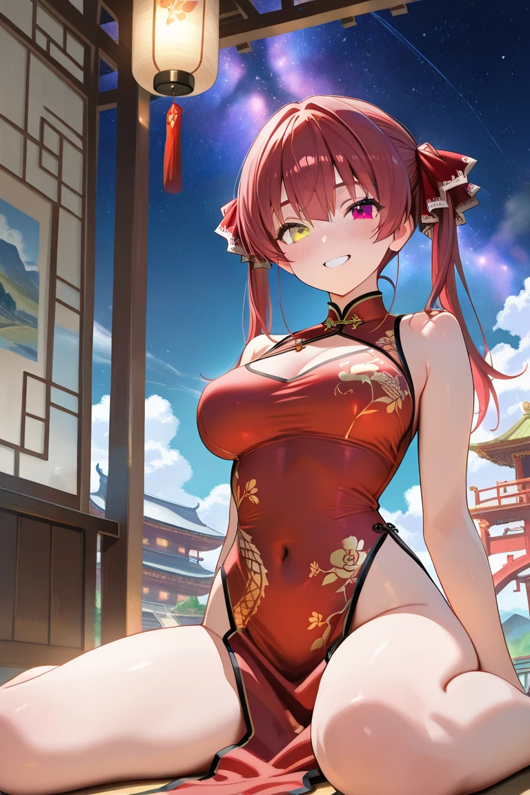 masterpiece, Highest quality, High Resolution, HS1,blush,Smirking face,NSFW、Balcony、Big Breasts、China dress、Bun Hair、Groin