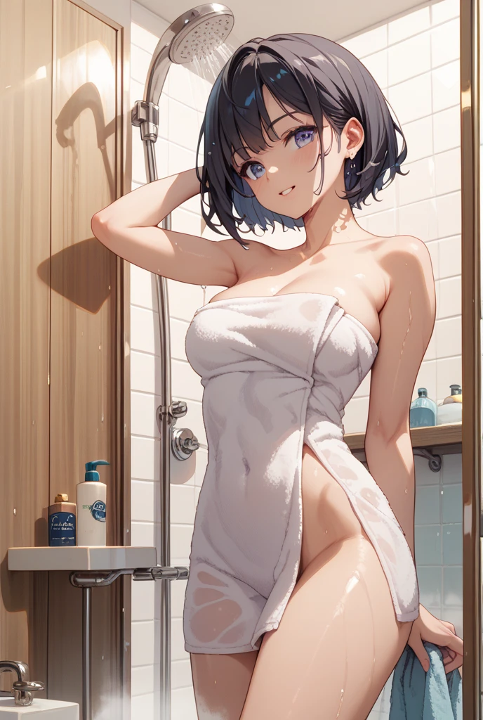 One girl,Kaoru、The whole body is shown、slender body,ideal ratio body proportions,Gentle expression、smile、Are standing、Taking a shower,Transparent and sexy string bikini、noon、shower room,A complete depiction of the human body、masterpiece, Highest quality, Game CG, ultra detailed、highres、extremely detailed CG