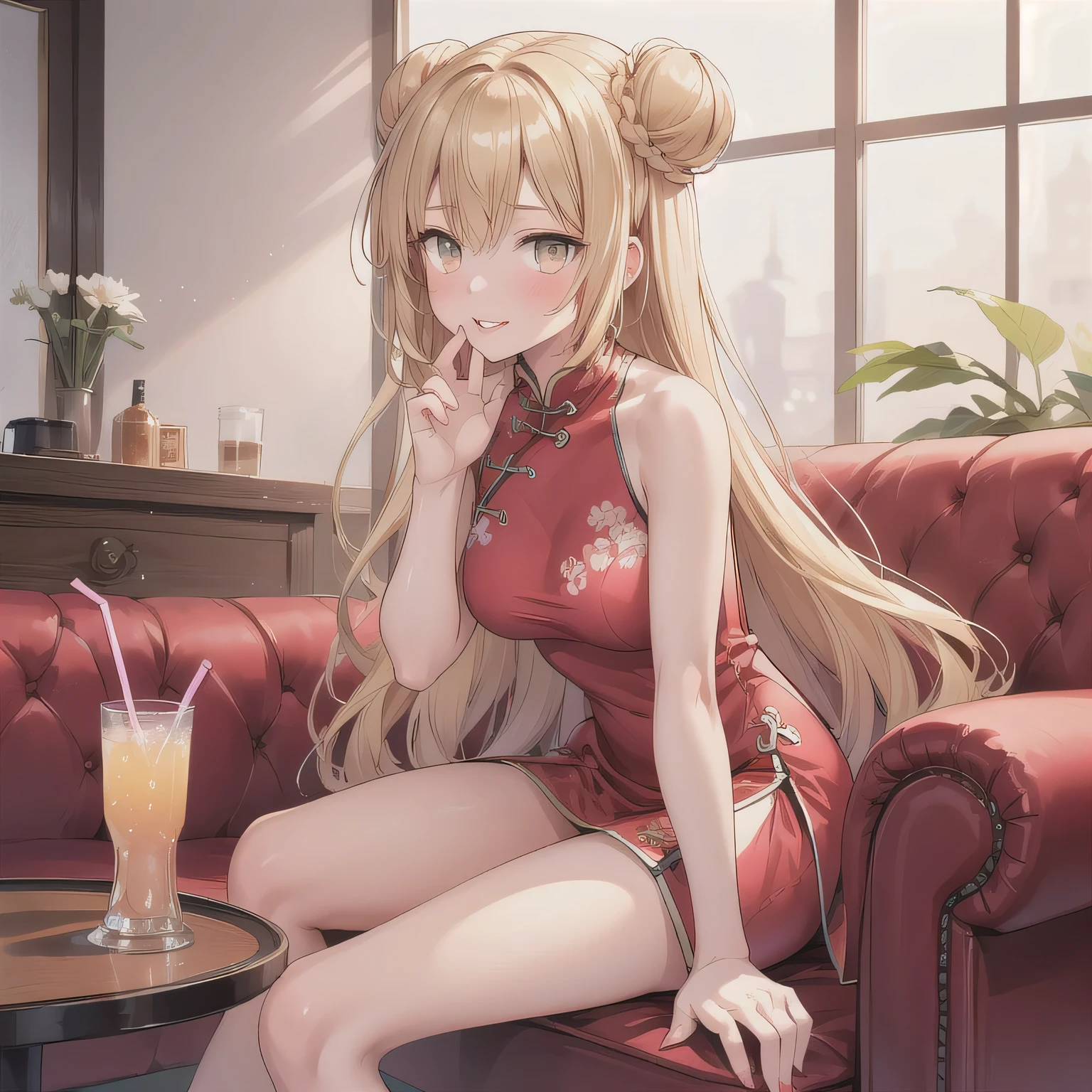 A cute anime-style girl with short light brown hair styled in two side buns, wearing a vivid red traditional Chinese dress with modest design details. She is sitting in a Japanese karaoke box, surrounded by a typical sofa, table, drink cup, and a moist hand towel. The background shows cozy lighting and interior decor common to karaoke rooms. She leans slightly forward, holding both hands near her mouth in a daydreamy, playful gesture, as if imagining holding something big and delightful. Her lips are softly parted, and she has a mischievous, cheeky expression. No food is visible. The overall mood is fun, slightly teasing, but tasteful and light-hearted. Blonde hair, long hair, amber eyes.