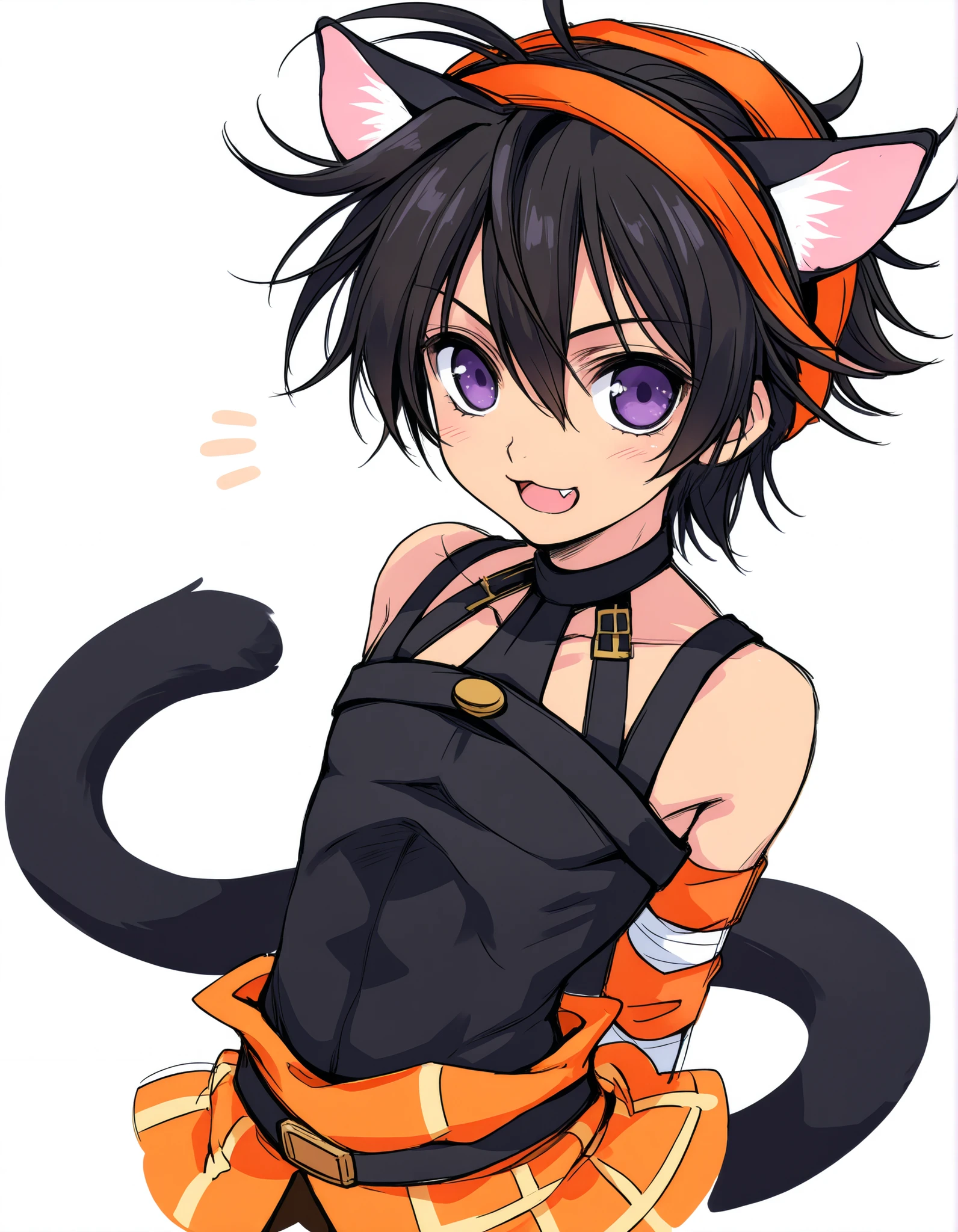 narancia,one boy,cute,cool,brack cat ears,brack hair,purple eyes,brack tail, white background, Bust-up shot,solo, sketch, fang,narancia’s clothes,brack clothes