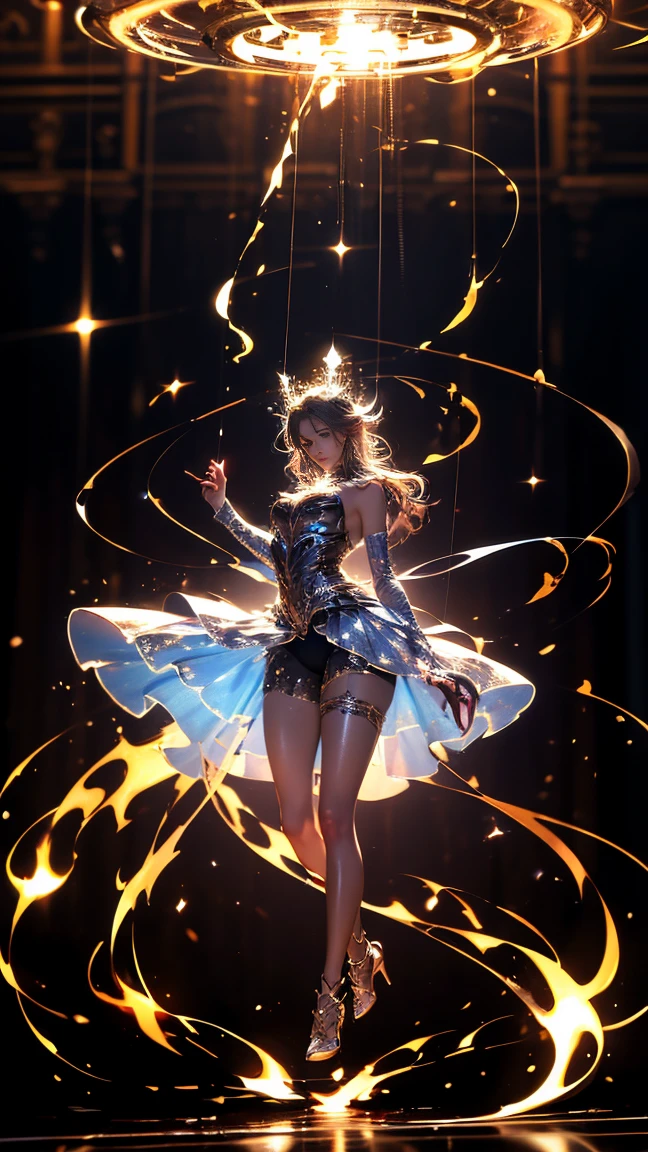 1girl, solo, light blue eyes, brown hair, holding a golden scepter, (blood volume: 1), running in the universe, (huge black hole: 1.2) full body, (official set: 1.5), dullyarts, dust background details, Eye details, ore disease lesions\(Tomorrow's Ark\), (realism: 1.4), official art, unreal 8k wallpaper, ultra-detailed, beautiful and aesthetic, masterpiece, best quality, (dynamic angle: 1.4), (floating Colorful sparkle: 1.2), elegant, bright colors, romanticism, medium chest, no panties