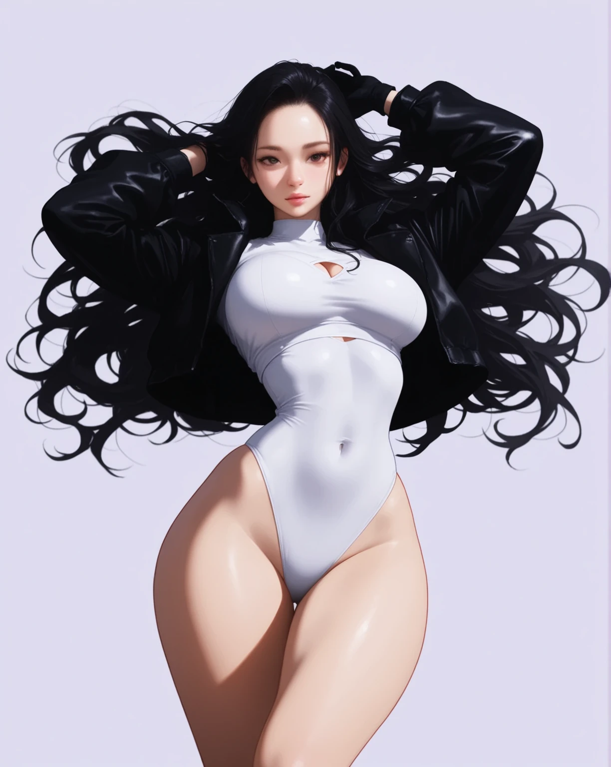 An anime woman with a low-cut swimsuit, black tights, big boobies, blackquality hair, white skin and holding a sword