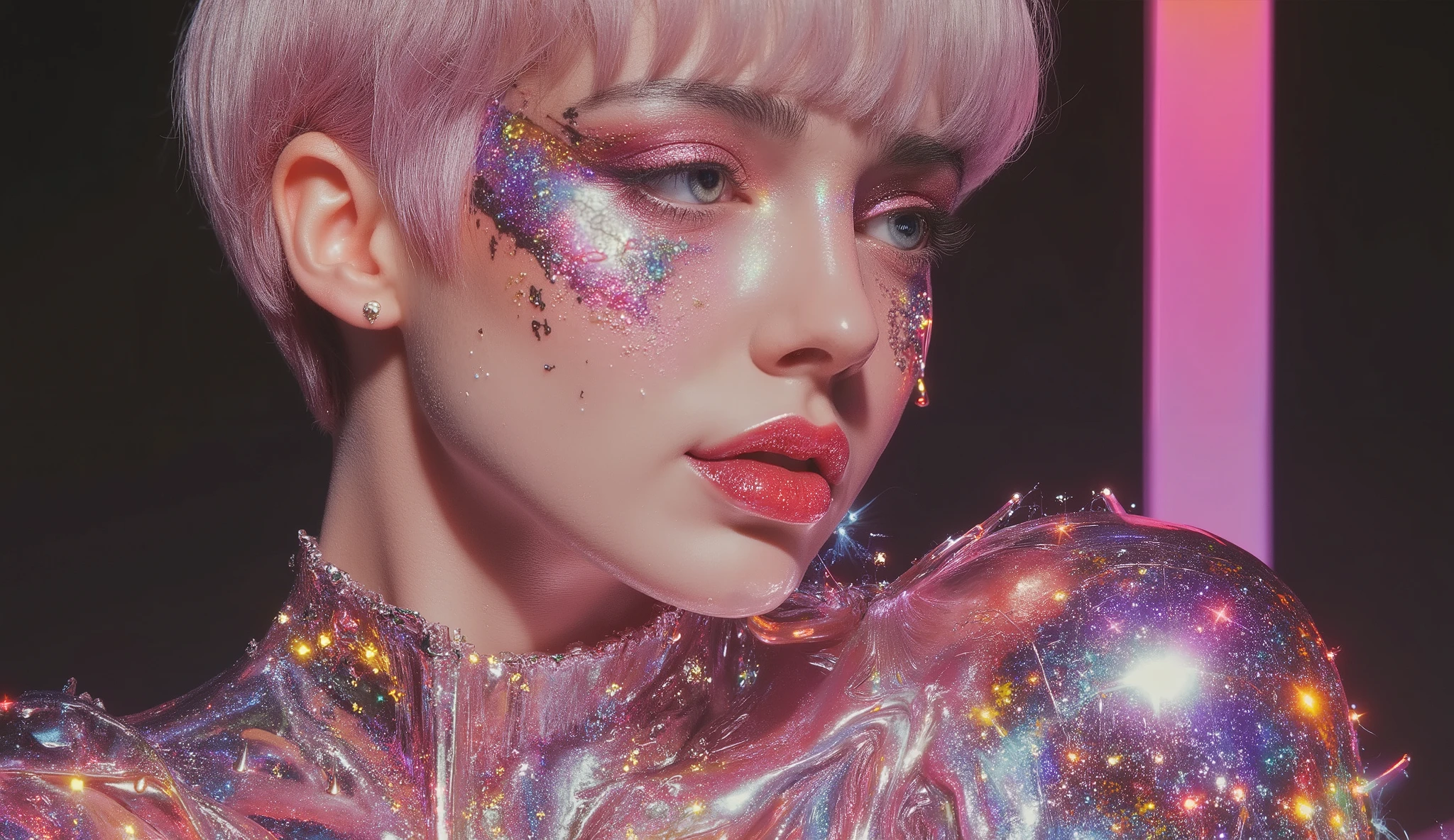 Tight medium shot of a woman from the waist up, framed closely but not cropped at the shoulders. She has a high-fashion buzzed mullet—ultra-short in the front, almost like a buzzcut, and longer in the back with a textured flow. Her hair is a radiant blondish pink with iridescent highlights, and her vivid cyan eyebrows create bold contrast. She faces slightly to the left, but her gaze cuts back toward the viewer with calm, calculated confidence. Her lucid green eyes are slightly close-set, half-lidded with an alluring, arrogant intensity—cool and captivating.
Her face gleams with molten metal—liquid chrome and glowing alloy flowing like sentient armor. A surreal night sky texture—cracked indigo, magenta, violet, and electric blue—spreads across her skin, studded with glowing stars. Hardened molten gold tears stream from her eyes. Bold, bright paint streaks crackle across the surface, adding emotional depth and texture.
Behind her, a glowing vertical halo radiates softly, illuminating the dark background. The scene is shot with shallow depth of field and a cinematic 35mm lens aesthetic—soft background bokeh, rich textures, and a subtly immersive realism. Cyan neon light pulses gently around her in a high-fashion sci-fi atmosphere inspired by Yanjun Cheng, Ryan Glitter, Beeple-style hyperrealism, and avant-garde editorial photography.