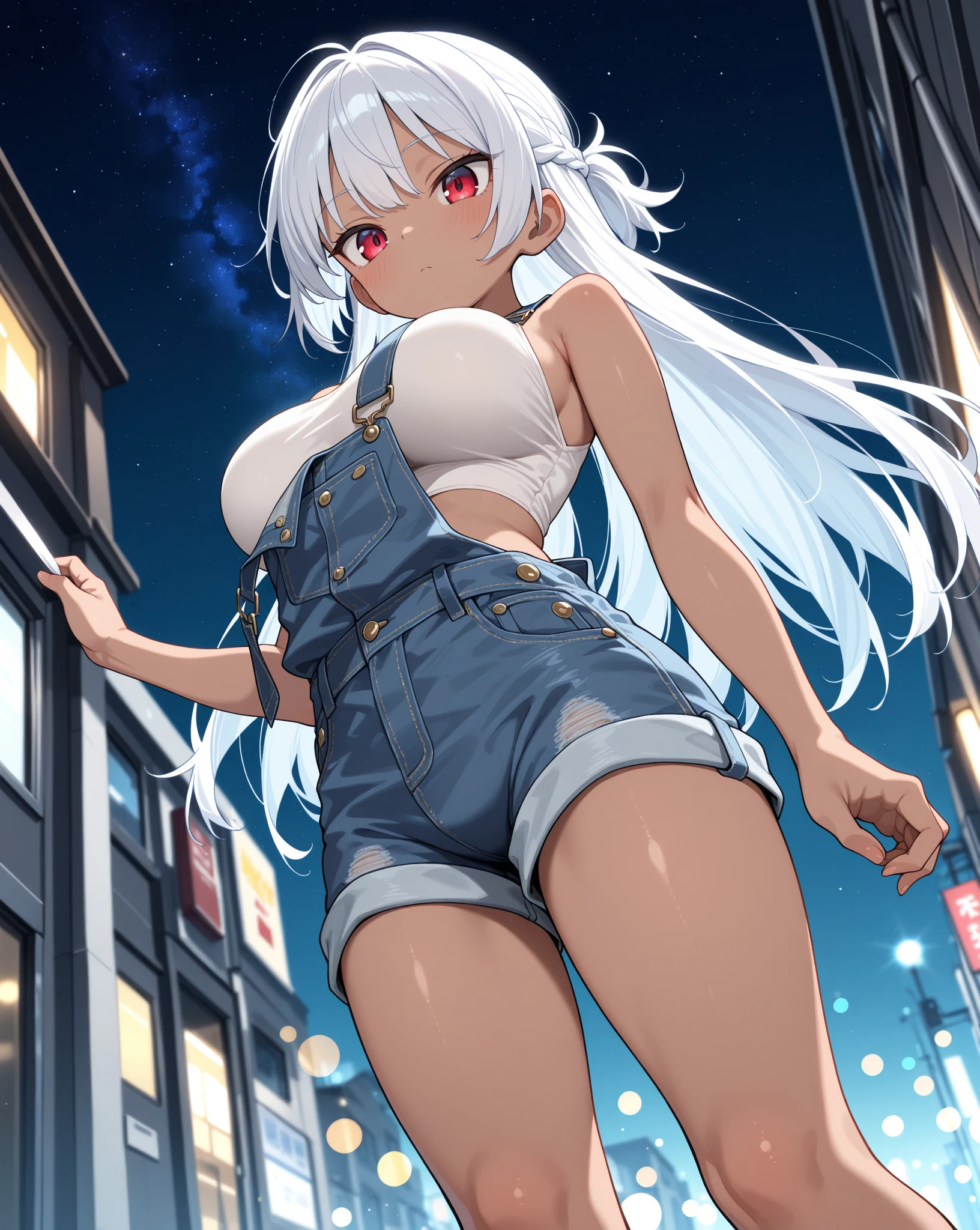 (topless), nsfw, masterpiece, magazine cover, 1 girl, erect nipples, las vegas, neon lights, nipples, high angle, intricately detailed, navel, necklace, holding smartphone, beautiful face, denim shorts, smiling, extremely detailed, photorealistic, octane render, 8 k, unreal engine. horse ears, horse tail, bare breasts, bare stomach, sweaty, detailed, cowboy shot, small breasts, puffy nipples, black belt, leg strap, hair ribbon, texts, sexy, shirtless, bare arms, hands on waist, short white hair, flat chest, slim waist, petite body, night, outdoors, desert