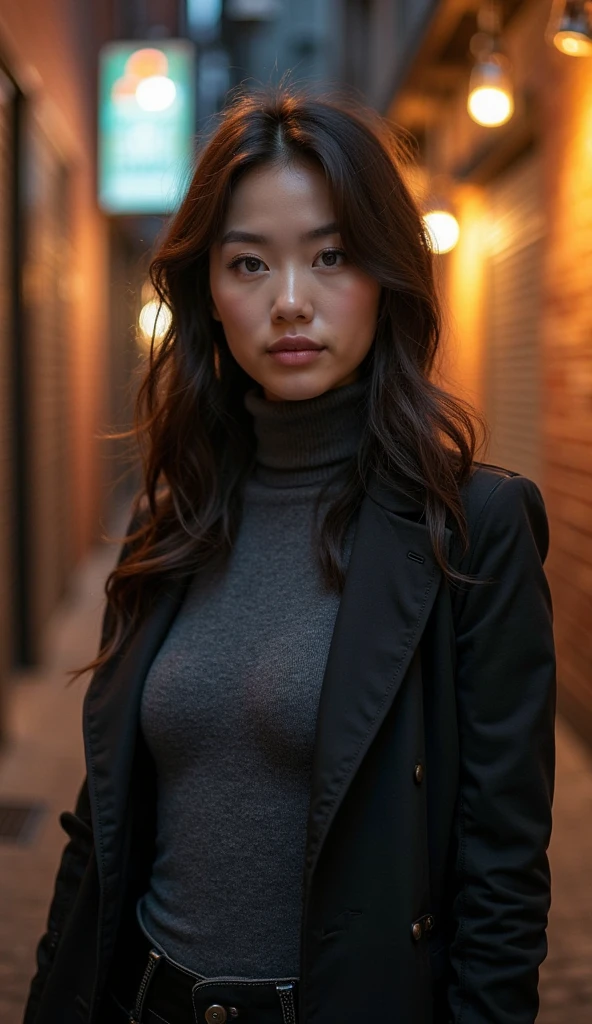Jessica Henwick, beautiful detailed eyes, beautiful detailed lips, extremely detailed face, long eyelashes, brown coat, black t-shirt, tight skirt, tights, realistic, photorealistic, photo-realistic:1.37, best quality, 8k, highres, masterpiece:1.2, ultra-detailed, vivid colors, natural lighting, cinematic composition, elegant, graceful pose, minimal background, detailed fabric textures