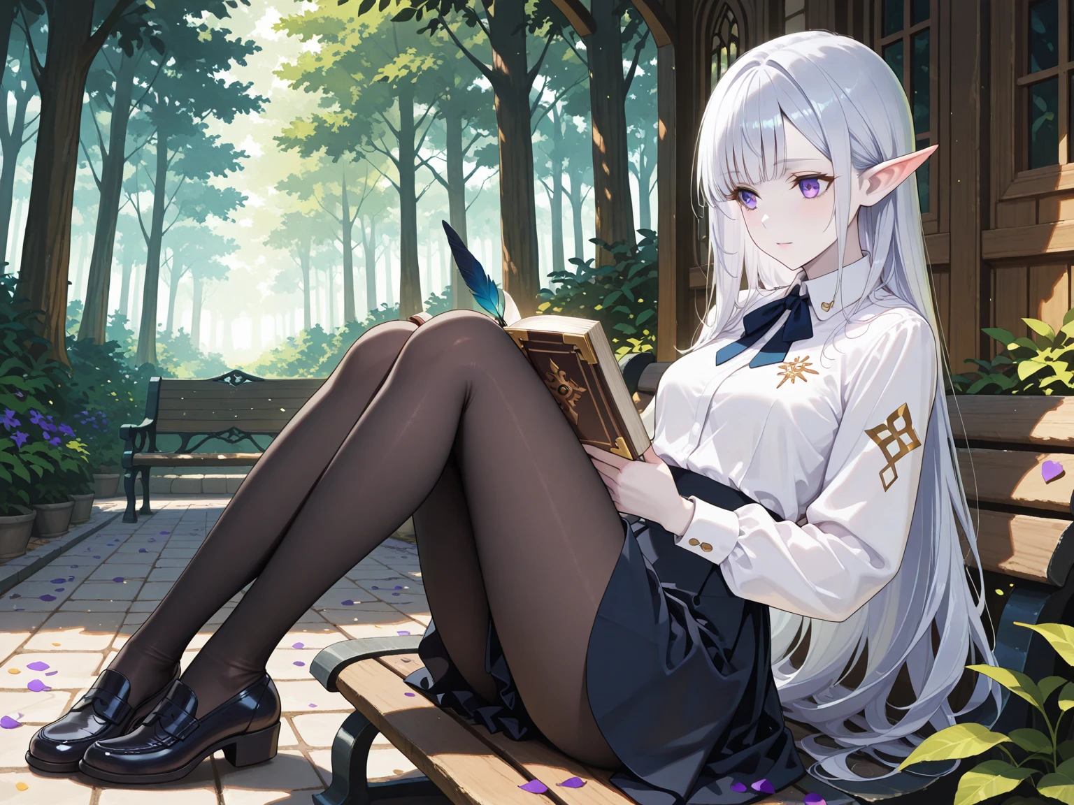 Short haired elf girl, Green eyes, dark skin, white hair