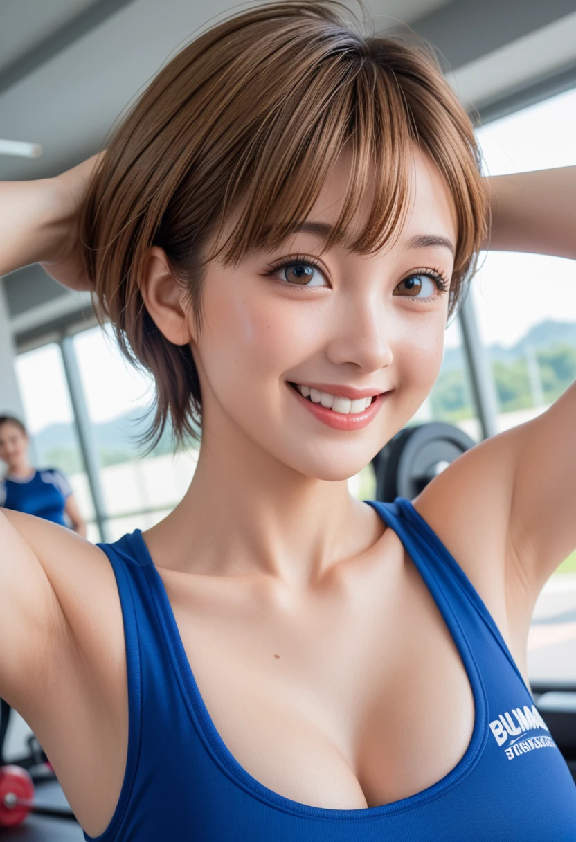 highest quality、8K、ultra high resolution、clear pictures、professional lighting、pretty girl、baby face、round face、round eyes、very short hair、smile、big breasts、Super Slender、thin waist、swim in a competitive swimming pool:1.2、Breaststroke:1.6、I'm wearing a competitive swimsuit:1.2、Sheer competitive swimsuit、Photographed from underwater、Photographed from directly below:1.4