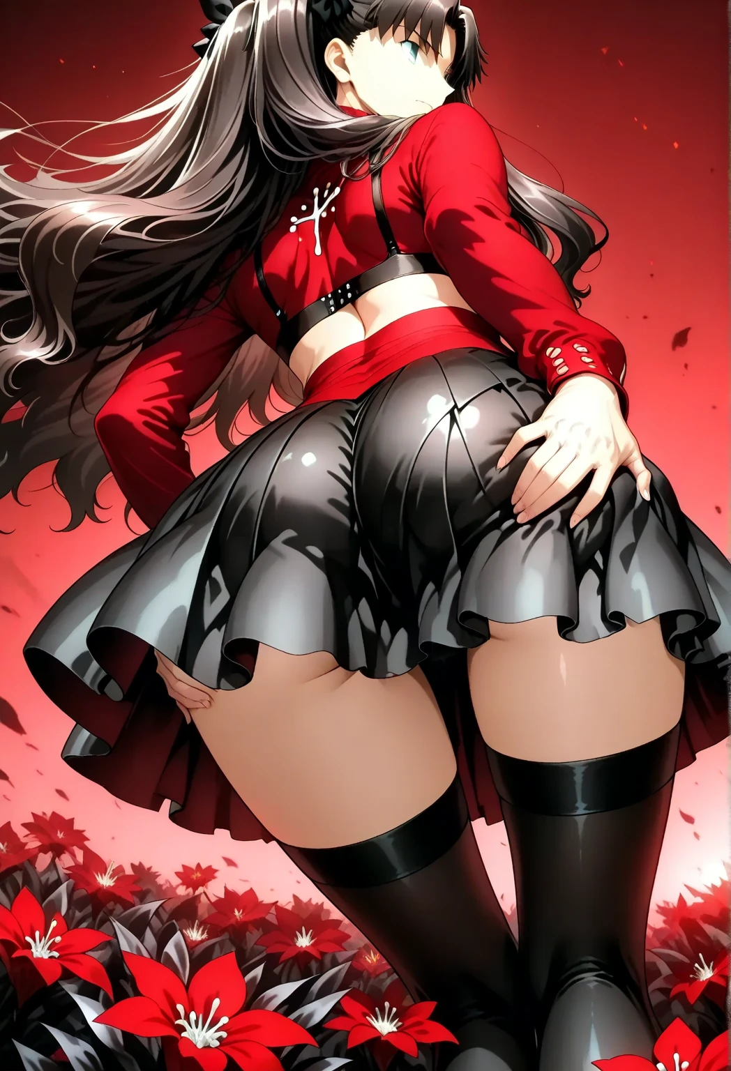 (Black Long Hair)、 Standing facing the front 、Full body posture、 (A detailed eye、二重まぶた、eye glasses、A slight smil、Open mouth and happy smile)、 (School Uniforms:1.3)、(tight mini pleated skirt:1.3)、(Skirt lift:1.3)、(White sexy panties:1.2)、(Black garter belt:1.3)、(Black thigh socks:1.3)、 ((Medium chest)) 、((Cameltoe:1.3)、Model body type、(Slim waist)、(zettai ryouiki:1.3))、Lots of flowers background (5Fingered hand、Highly detailed facial and skin texture)、 (Super close-up looking up from below:1.2)、Focus on the crotch、(Looking at the camera:1.2))、((top-quality、8K,masterpiece:1.3))、(Beautiful woman with perfect figure:1.4)、(Background of many blooming roses:1.3)