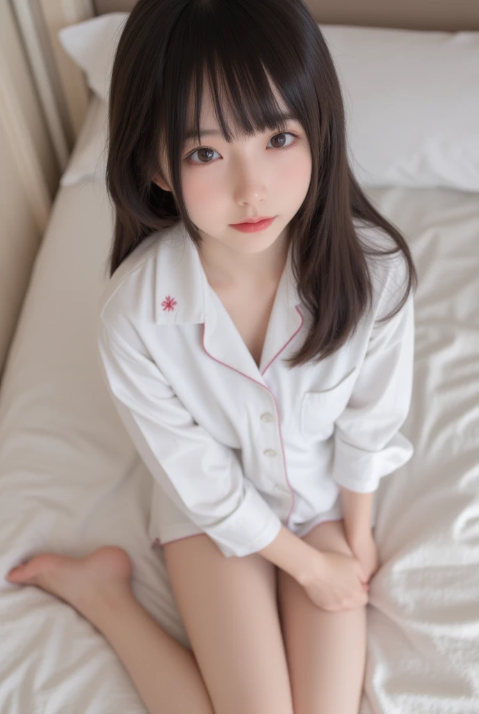 Masterpiece, original quality, highest quality, best image quality, exaggerated detail, clear face, professional lighting, cute 12-year-old asian girl with shy expression, beautifully detailed eyes, (long hair, pajamas) bedroom, pose in front of the camera, (small breasts 1.5), slight smile, childish looking body