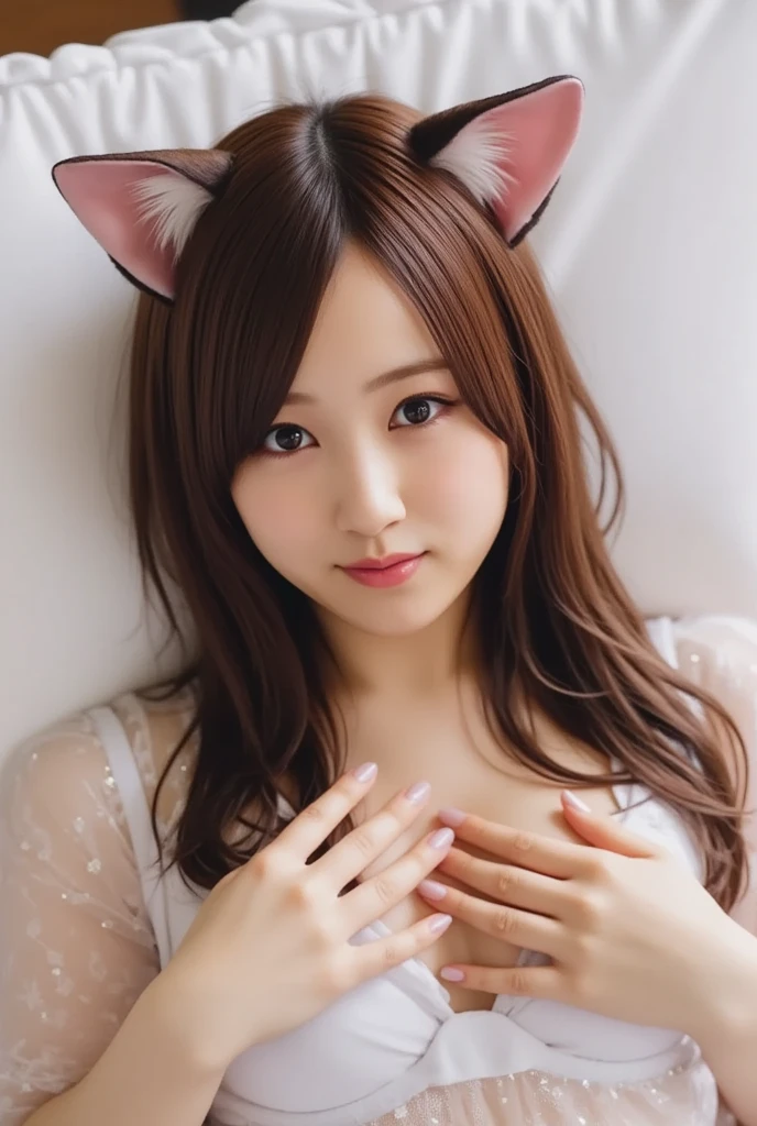 Realistic、Highest quality、One Girl、Cat ears、Brown Hair、short hair、Nurse cap,saliva, Heart-shaped pupils、 orgasm, Purple PVC bikini、Lace gloves,Big Breasts、On all fours