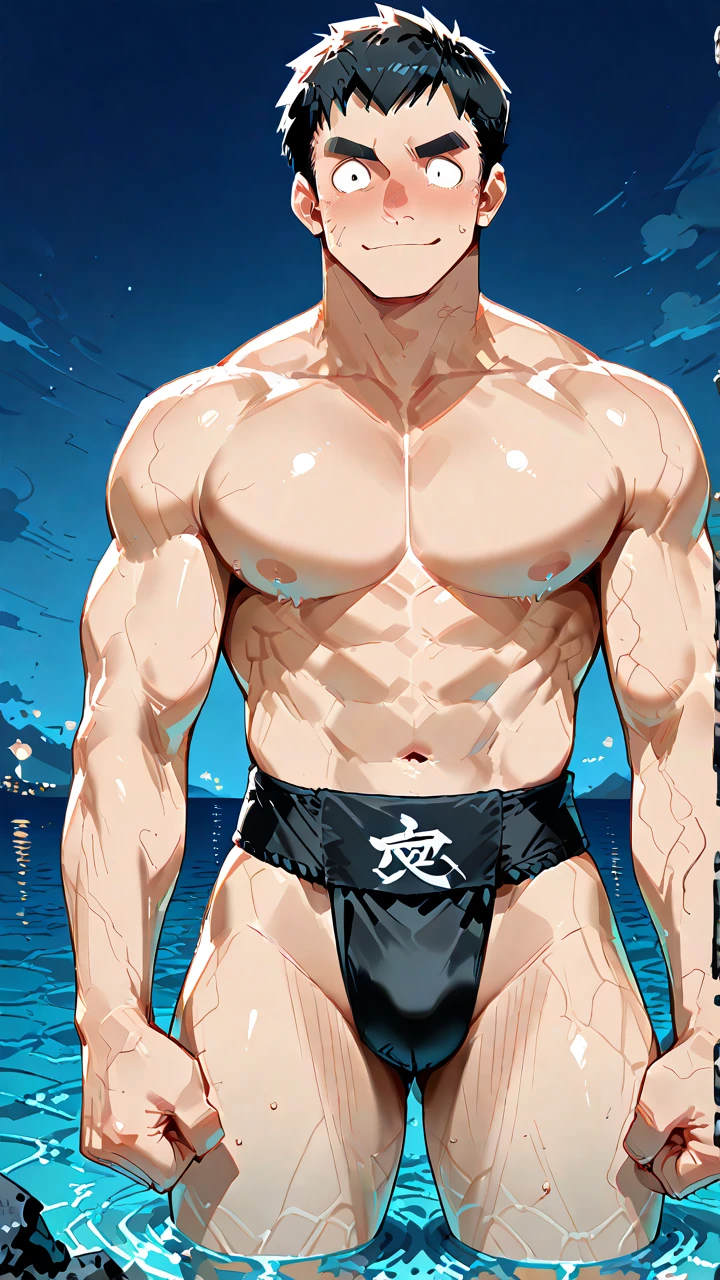 gojo satoru,one-piece swimsuit,see-through,wet clothes,bulge,, best quality,masterpiece,highres,1boy, cowboy shot,