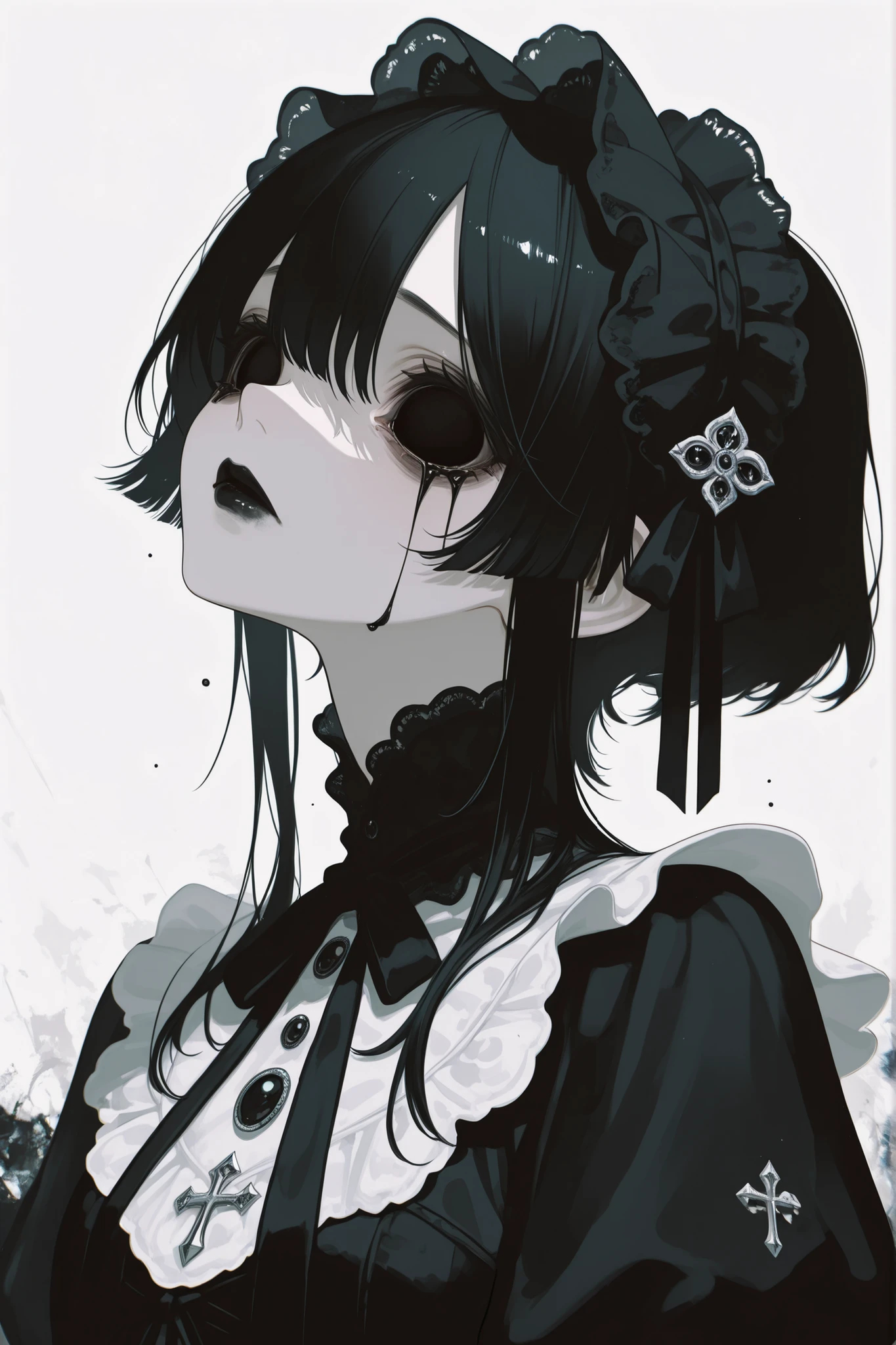 High Definition、High Quality、Seimitsu、delicate illustration、black and white、white background、hollow eyes、see here、eyes like the abyss、Gothic ta、Background margin 、black lips、mouth closed、Black Tears、Hatred in the Void、fear