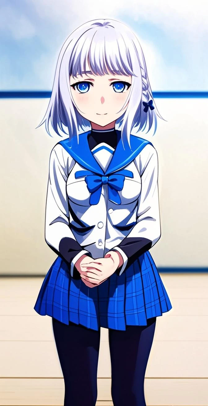 16k,1girl, katsuragi lilja,blue eyes,white hair,short hair,braid,,sailor collar,neck ribbon, white shirt,layered skirt,high-waist skirt,pov,looking view,blush,embarrassed,big breast,breast focus,NSFW