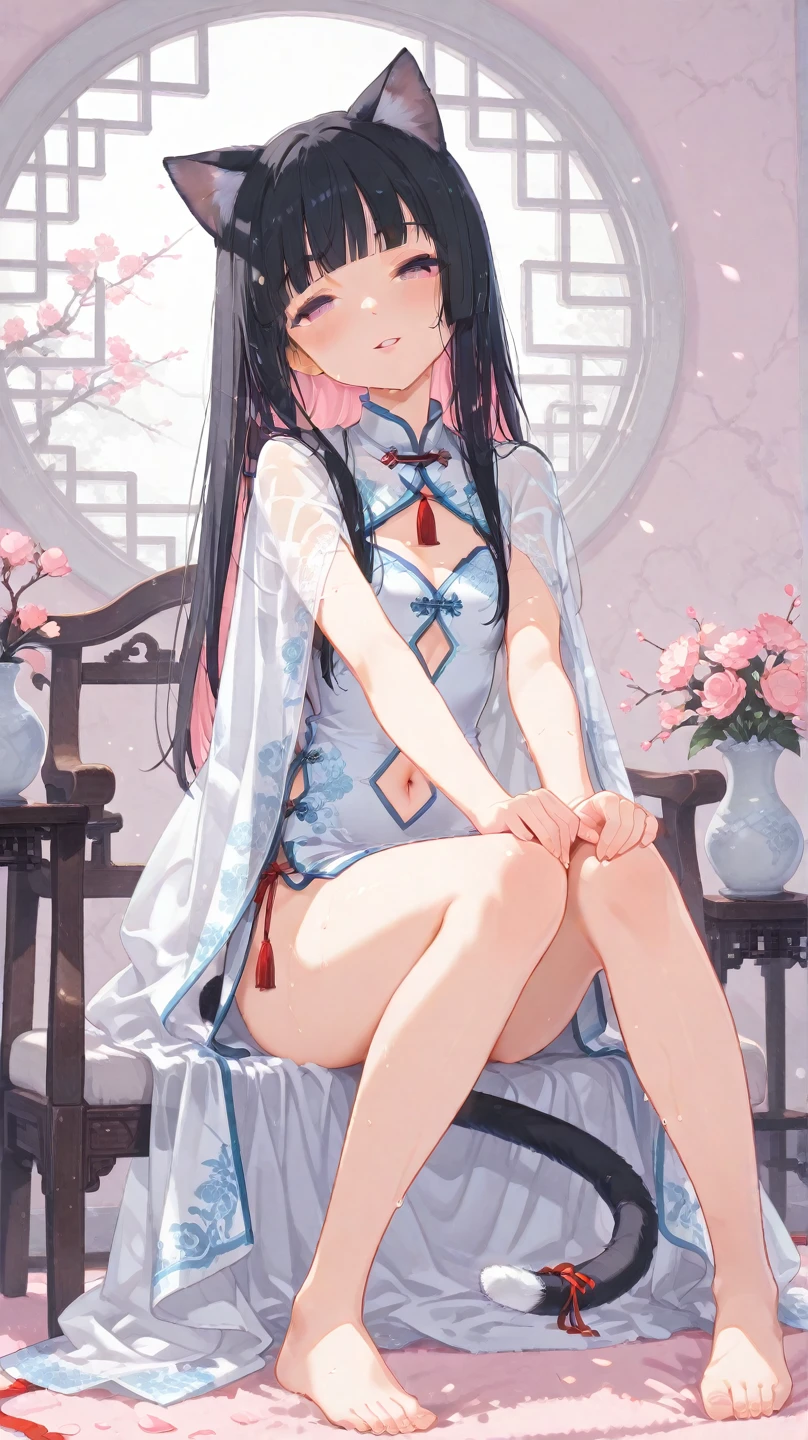 full body, a cat woman with freckles, dark brown eyes, and an upturned nose, she is happy and smiling, she has long wavy hair, black hair, she is wearing aviator sunglasses with clear lenses in a soft watercolor style. The girl's clothes must be pink, purple, and blue in celebration of the bisexual, with stains of ink and watercolor mixing and filling the scene. There should be a subtle, nuanced change in colors using the impasto technique with gouache paint. There should be a light rain in the watercolor painting with a little watercolor paper texture and a pastel background.