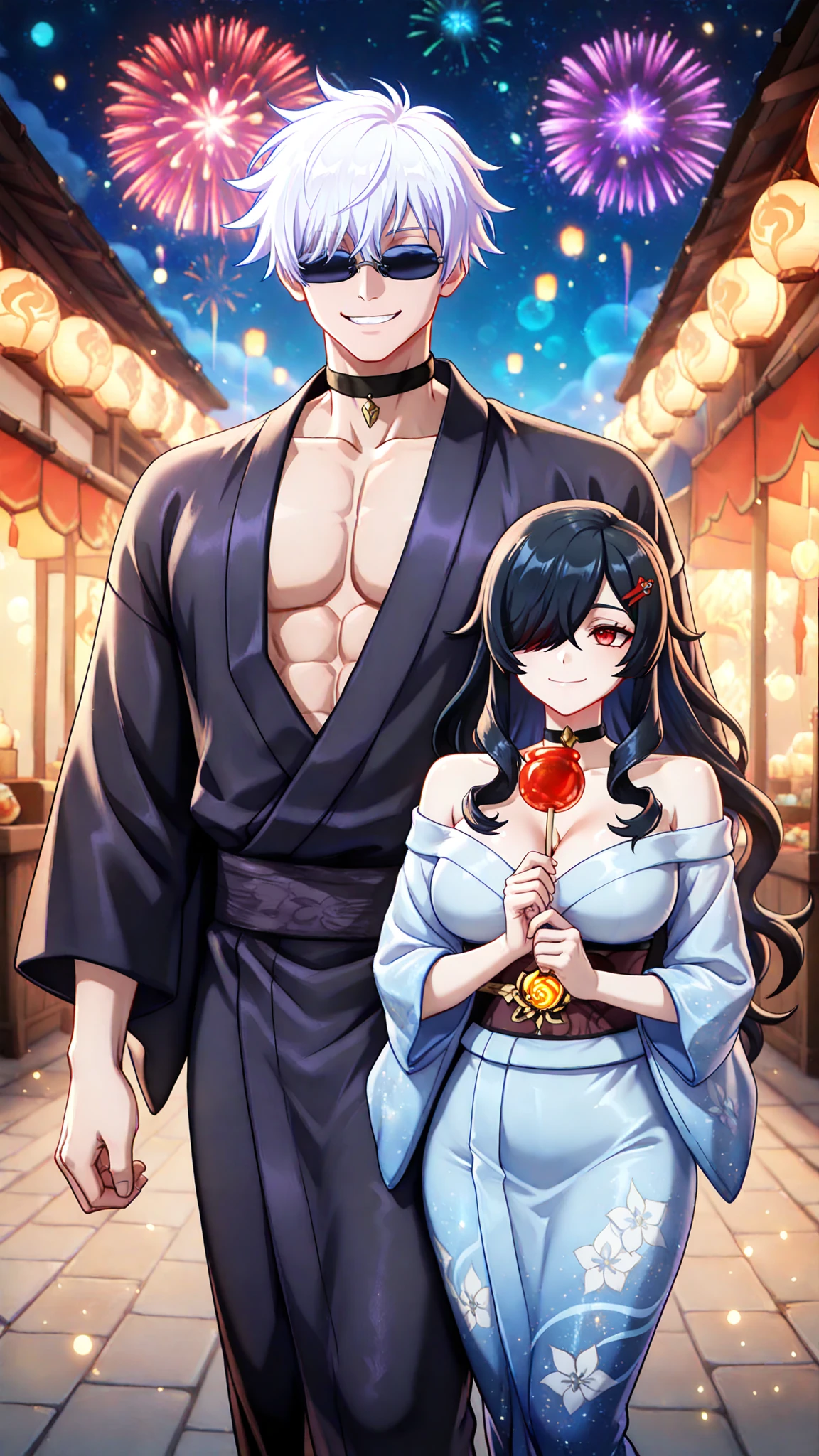 Big breasted woman in kimono Hugging a man Background of Japan tourist attractions