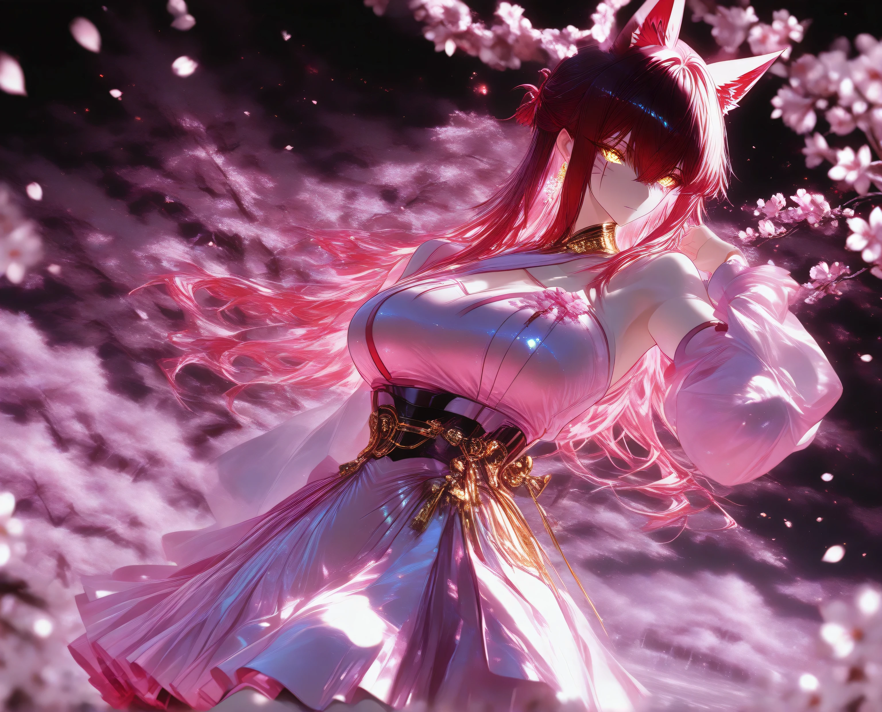 1 woman , golden eyes , very long hair , long sidelocks, red hair ,half updo, petite , very cute , beautiful ,Straight hair, cool, handsome, hair between eyes, sexy, medium breasts cool, beautiful, Solo, full Body, (dynamic angle), hazy lights, subdued lighting, blurred figures, dark background , Sakura, (cherry blossoms), detailled dress, short dress, perfect face, beautiful eyes, focus face, (4k,8k,Ultra HD),(Masterpiece:1.2),(Best quality:1.2),(Detailed:1.5),(Scenery),highly detailed,ultra-sharp,8K resolution,character focus,depth of field,(glowing particles),reflection,(Sharp Focus),contrast,(glittered fabric), pink theme, pink and white, vibrant, energetic,(clear lines) , dark outlines,(bold outline) (aesthetic pose), (pink and white clothes) , fox ears, korean clothes, long sleeves, detached sleeves, bare shoulders, whisker markings, dark hair, (dynamic pose) , cinematic lighting , cinematic angle, soft light , color detail, backlighting, Depth of field, long exposure, light steps, intricate colors, vibrant colors,, Detailed,Slight blur, soft lips, soft makeup