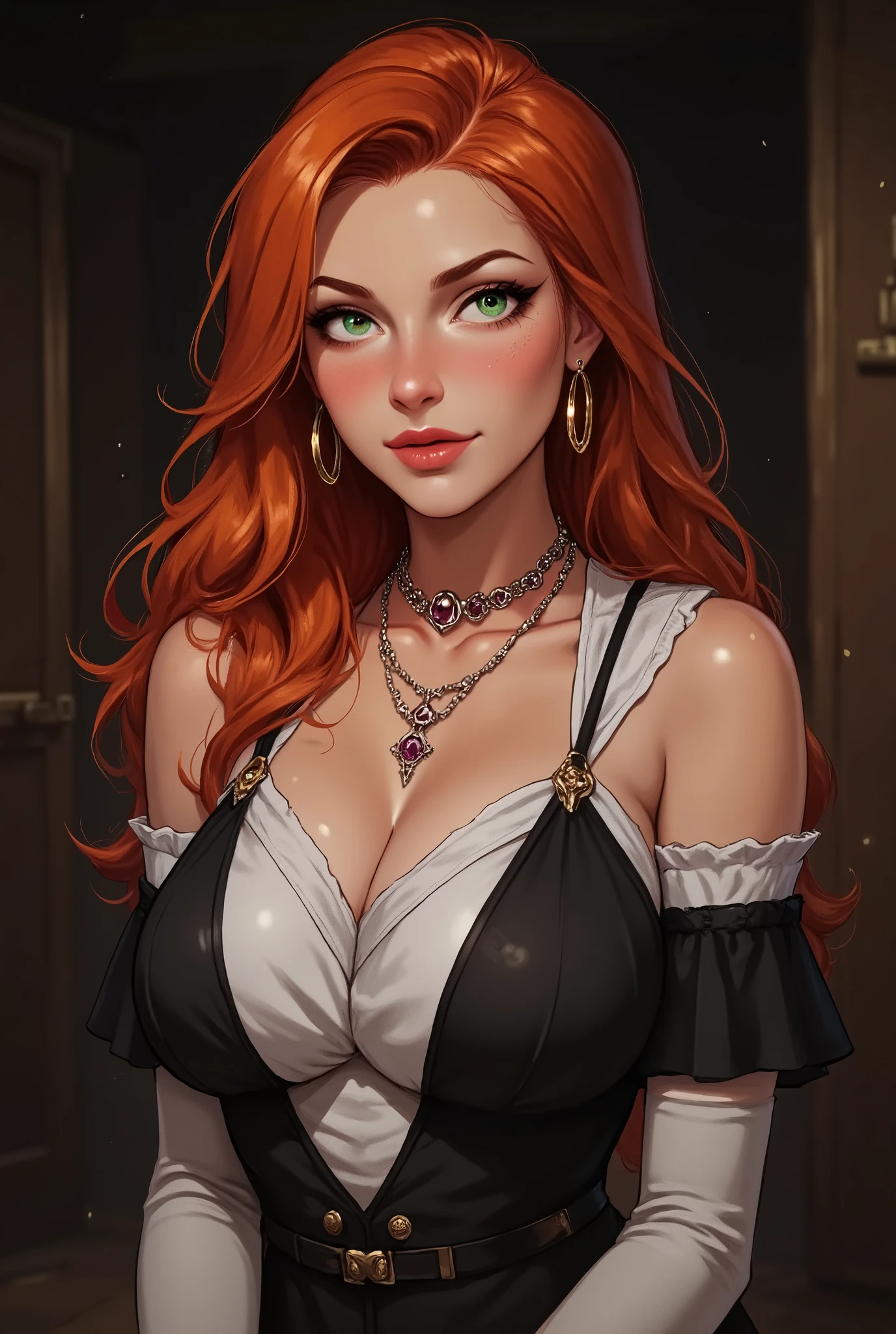 Female, green eyes, long ginger hair half of back, 1920's Madam