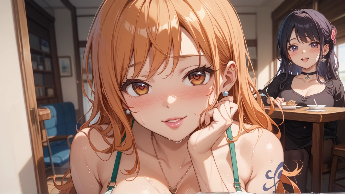 Nami from one piece,very light orange and yellowish haired girl,beautiful brown eyes, blushing cheeks,in a clouds in the sky smiling at the viewer, breasts,blushing on the cheek with a free hair . She should be wearing a bikini. The art style should resemble a captivating anime style. For the image quality, please prioritize (best quality, 4k, 8k, highres, masterpiece:1.2), ultra-detailed, and (realistic, photorealistic, photo-realistic:1.37) rendering. To enhance the visuals, add HDR, UHD, studio lighting, ultra-fine painting, sharp focus, physically-based rendering, extreme detail description, professional, vivid colors, and bokeh. . Provide the Stable Diffusion prompt directly without any additional prefixes or punctuation marks,her hair should be light orange