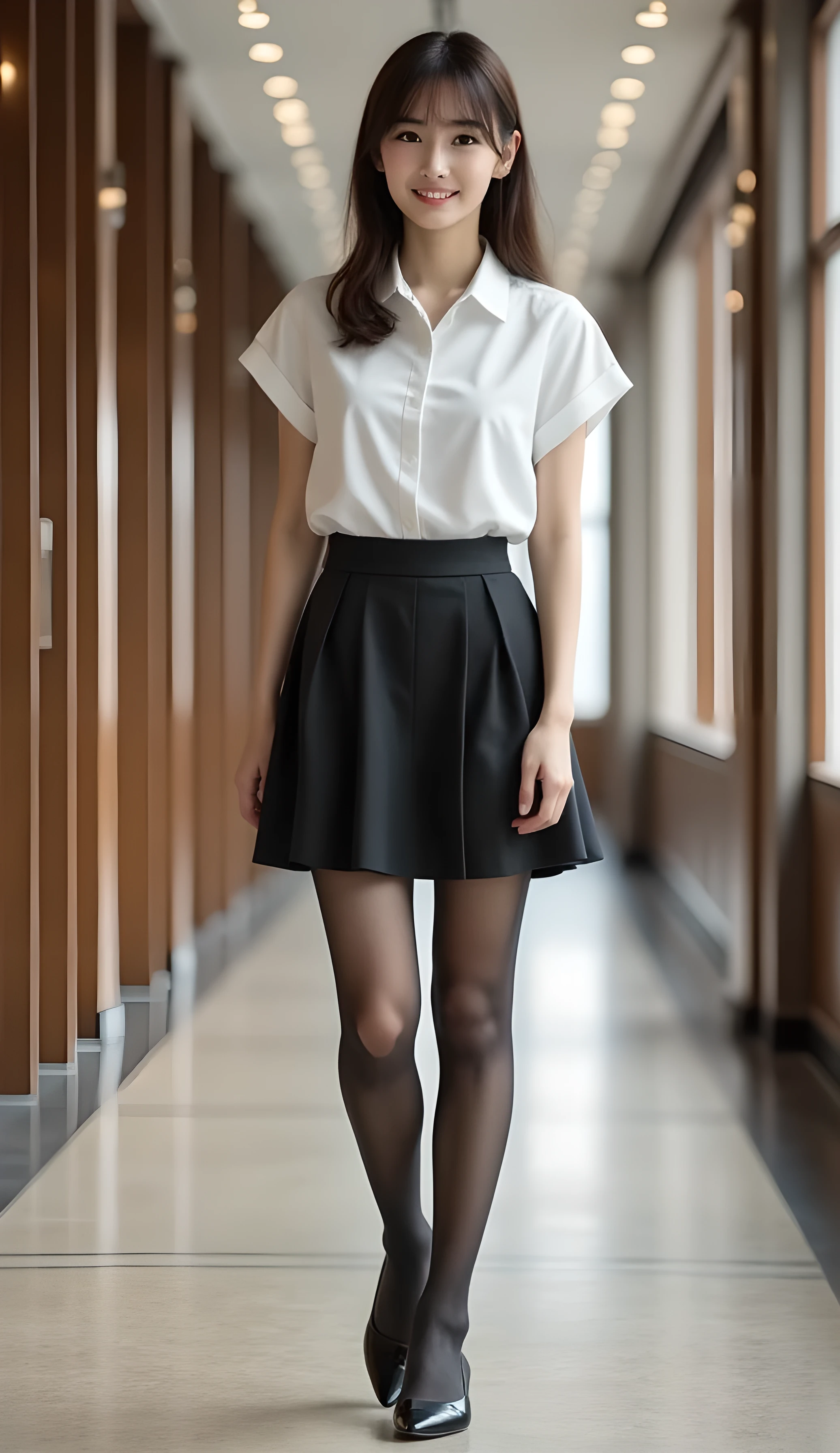 Super Real , Photoreal , (Full body image:1.5), She looks so happy , shadow, Global Illumination , Alone, (Japanese woman in her 20s :1.5), very beautiful、 cute smile , Slim, brown hair , Beautiful Legs , Long, slender legs , Surimi Waist , I'm wearing a receptionist uniform ,I'm wearing a bus guide's uniform , turn your body forward、 white hair,full body photo ,Please take a picture up to the tip of your foot ,wear black pantyhose glittered on her legs ,When the light hits stockings, they reflects beautifully., wearing black high heels ,