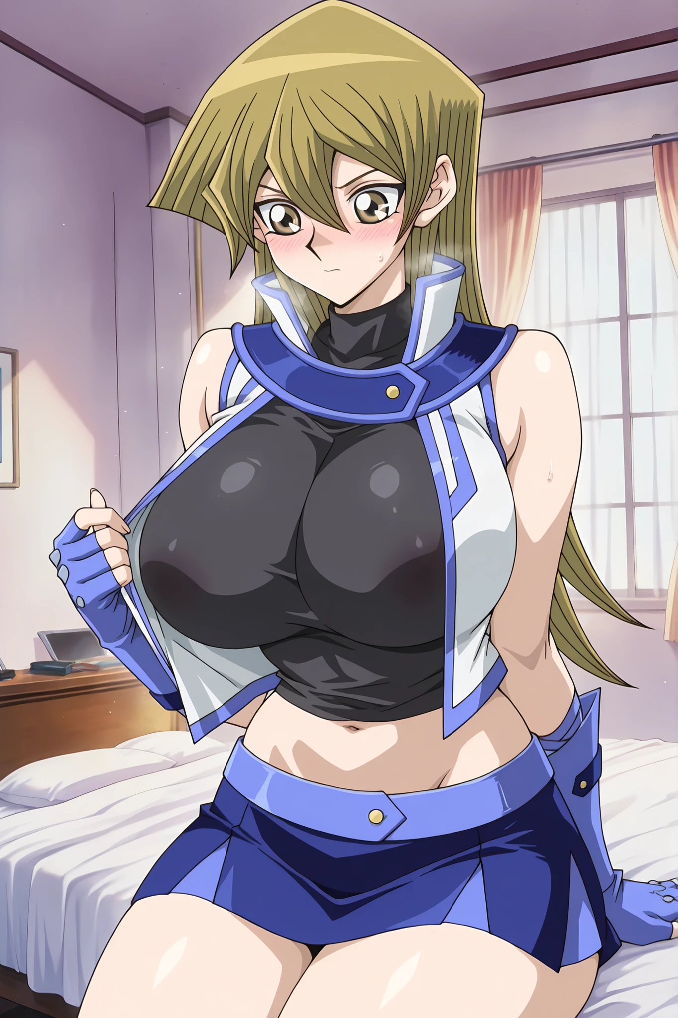 masterpiece, best quality, amazing quality, very aesthetic, absurdres, highres, newest,(anime_screencap:1.6),1girl,Asuka Tenjoin,curvy, blonde hair,blonde eyes,huge breasts,wide hips , hair between eyes, long hair,obelisk blue uniform, duel academy uniform (/yu-gi-oh! gx),sleeveless, blue microskirt, blue gloves, fingerless gloves, sleeveless jacket,open vest,white jacket, black shirt,pulling_own_clothes,dormitory, bed,study desk,chair,window,curtains, white theme,luxury furniture,sitting on bed,navel,midriff ,,groin,blush,steaming body,areola
