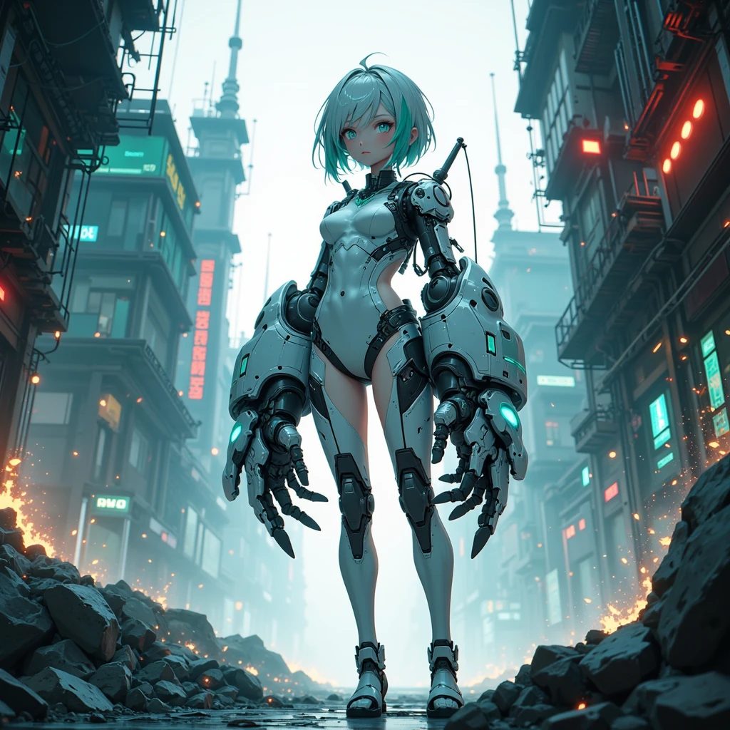 ((1 cyborg loli)),((different types of breasts, biomechanical breasts, biomechanical pussy)),giving a blowjob on a machine,((nipple fuck)),((urethral insertion)),standing with raised to the tall one, ((different types of short hair, red eyes)), a factory, at night,
