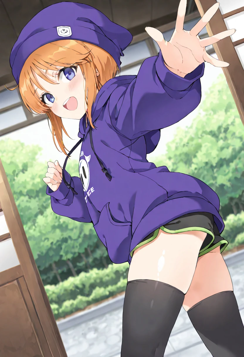 Crotch focus, High resolution、One Girl、Low length、thin、Navy blue short robe、belt、(Pink and black striped panties)、DQ6 Barbara、High Ponytail、(((Beautiful white skin)))、Orange Hair、Thighs、Angle from below、Captivating smile, Footjob