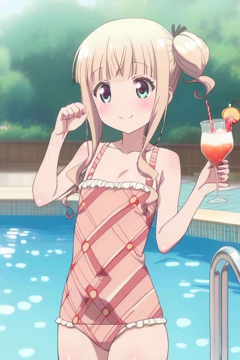 Kasumi Nakasu　Yellow-brown hair　Very Short Hair　Short Bob　Head ribbon　Red Eye　Yellow Bikini　Beach　Drink a drink　Strong sunlight　sun　Sweaty　LoveLive　Nijigasaki Gakuen School Idol Club　smile　Sit on a bench　smile