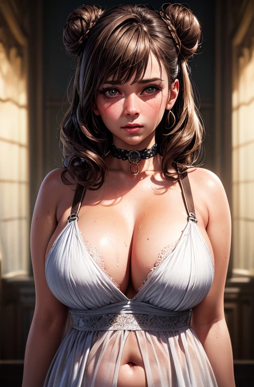 masterpiece, (photorealistic: 1.4), best quality, fantasi, 1girl, green eyes, (narrow waist: 1.2), (gigantic breasts: 1.2), (armpits), (sweaty), upper body, white sweater, golden lace trim, bracelet, very long dark brown hair, braid, veins, dominatrix, detailed, intricate, RAW photo, 8k uhd