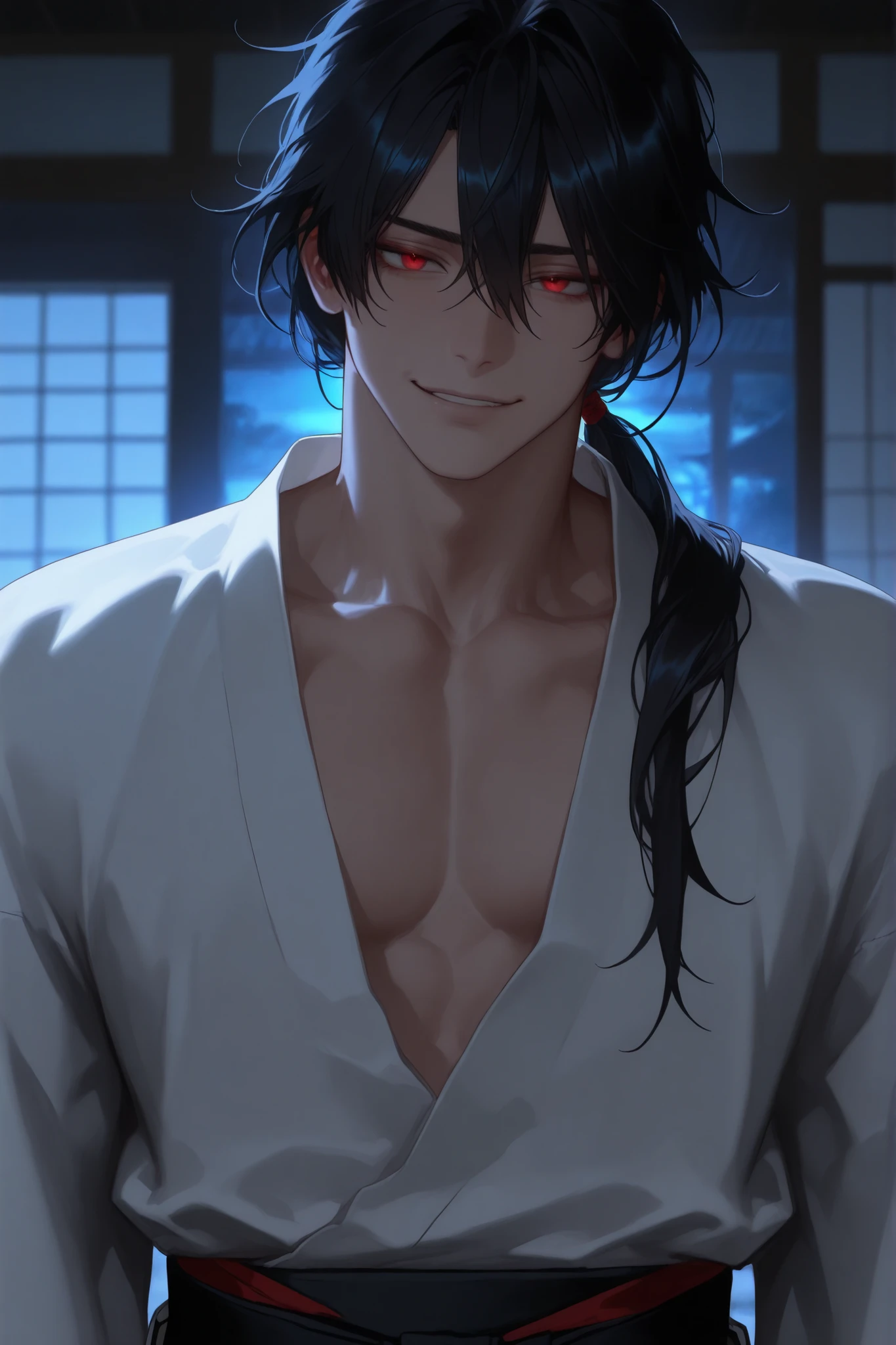 1 male, handsome, Japanese, wearing traditional japanese clothes hakama, close-up upper body, look like bad, black long hair, low ponytail hair style, red eyes, mood like hentai, be manly, a muscular body, midnight, bad smile, stare at front, cinematic blue light, dangerous silent atmosphere, in traditional japanese house