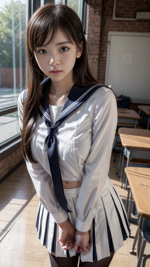 (8K、RAW Photos、top-quality、masterpiece:1.2)、(realisitic、Photorealsitic:1.37)、女の子1人、japanes、18year old、femele、Classroom、natta、profetional lighting、Photon mapping、torn、Colossal tits、The tips of the knitted, which are pure white and very small in size, stick out、areola protruding、The shape of the pubic area is clearly visible、gals、Lots of lashes、Lame on the eyelids、Pitch black lip、Pitch black heels、pubick hair、the lower abdomen bristles、A slender、crotch open、My are big and are about to spill out of my bra、Very much pubic hair、pubic hair is very protruding、((Tight sailor suit、Short pleated skirt))、maroon short hair