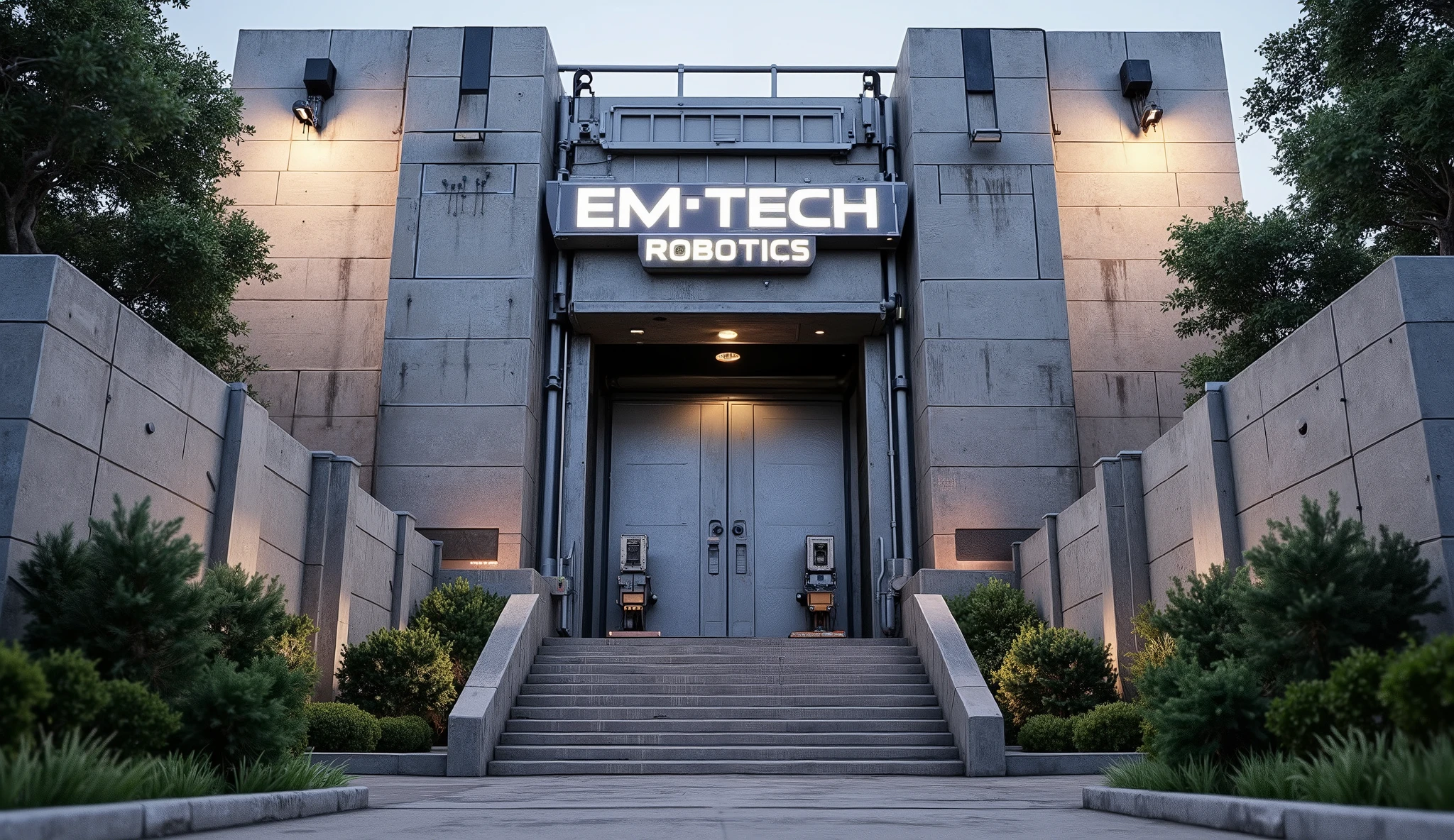 Extra wide shot, three exterior walls, concrete staircase lead up to a large metal door set in the large brick wall, above the doors is a neon sign with Em-TECH ROBOTICS written in glowing white neon, large eucalyptus trees grow near the entrance, cylindrical conifer trees line the road leading the grand entrance, futuristic steam-punk where scientific instrumentation mixes with the feel of steam-punk esthetic, anime - HR Giger mixed with HG Wells, awesome full color, ray tracing light, Masterpiece, 4k, ANIME