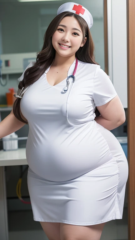 ((8K)), highest quality, 超High resolution, (Surreal)、(High resolution), 1 girl, nurse, Japanese, ((nurse costume)), Overweight, Extremely fat, ((Chubby)), ((burst into laughter:1.5)), hospital room, hospital