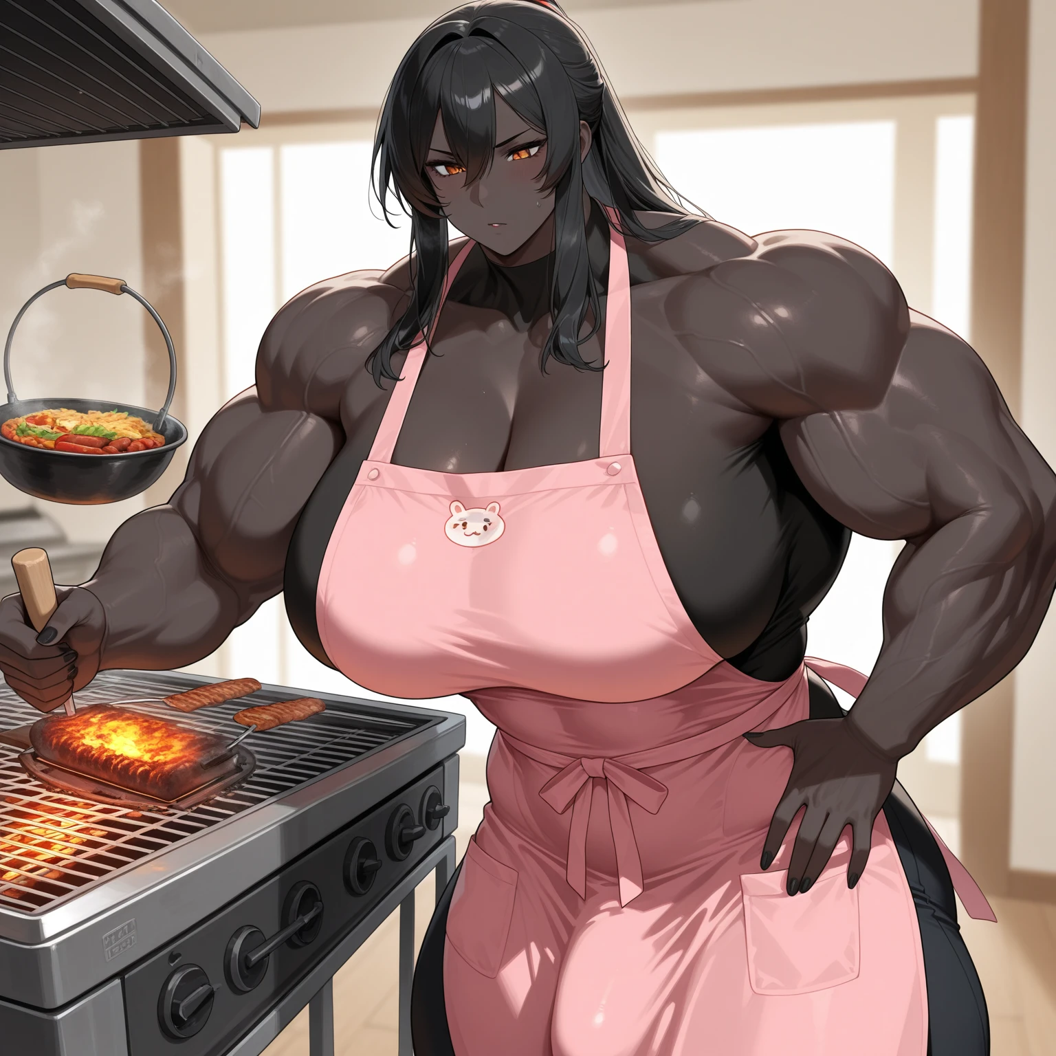 Anime milf ,long black hair,red skin,massive breasts,massive ass,wide hips,wears a black transparent bra,legs exsposed,sausage factory background