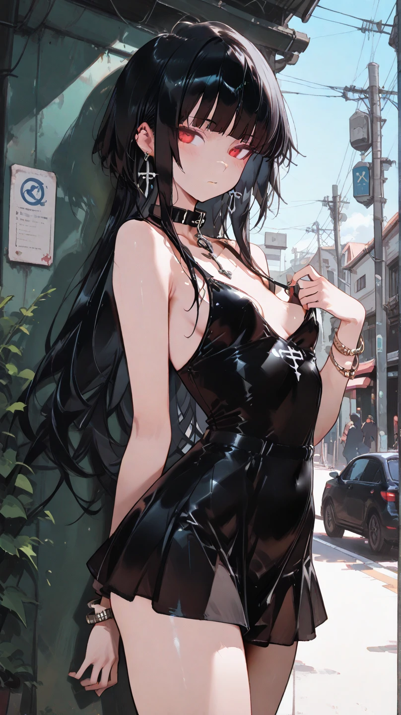 Long black hair, red eyes, wearing a long black dress, watching a barbecue stall on the side of the road