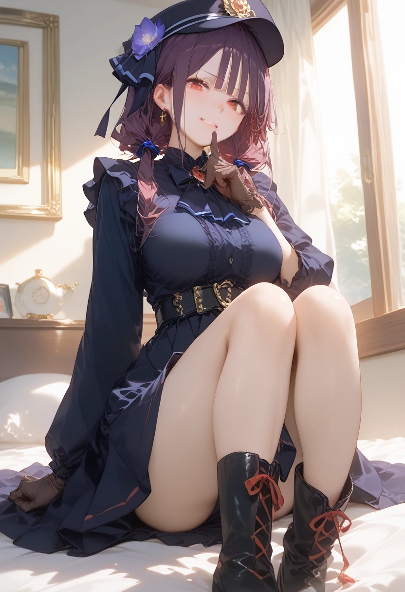 debris flies, highest quality, Highly detailed CG Unity 8K wallpaper, sexy witch , short hair、Dark blonde wavy hair、off shoulder knit, dark blue pleated skirt, stockings、medium breasts, saggy breasts, Pose that emphasizes the chest, blush, shy smile, bare shoulders, (((、open your legs wide、please open your knees)))、、nice magic book、church bed、lying in bed、stick out your butt、pink panties、pink good