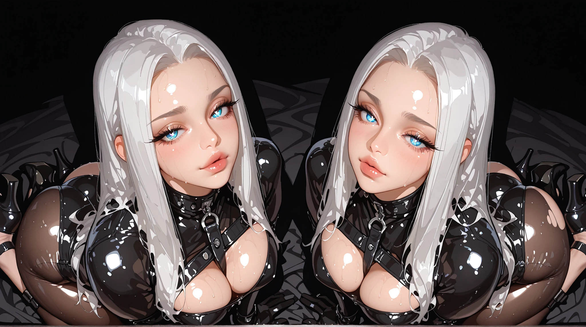 ((best quality)), ((masterpiece)), (detailed), perfect faces, (((Big tits))), ((((sharp image)))), two hot young busty girls, black lava outfit, stocking, (((beautyful faces))), (( long length hair)), ((detailed eyes)), lightning in the background, ((dark castle in the background, ((lace thigh fix), (((the clothes melt off her))), (((black paint splattered on it))), (flying dragon in a background), black damaged corsets, ((clothes were torn in several places))), latex lingerie, (nun costumes), venom, black dark venom, ((black lacy brassiere)), perfect detailed , (detailed eyes), ((photographed from front)) latex, erotic pose, boobies , long white hair, detailed eyes, good anatomys, big boobies, (((two person))), boobies on focus