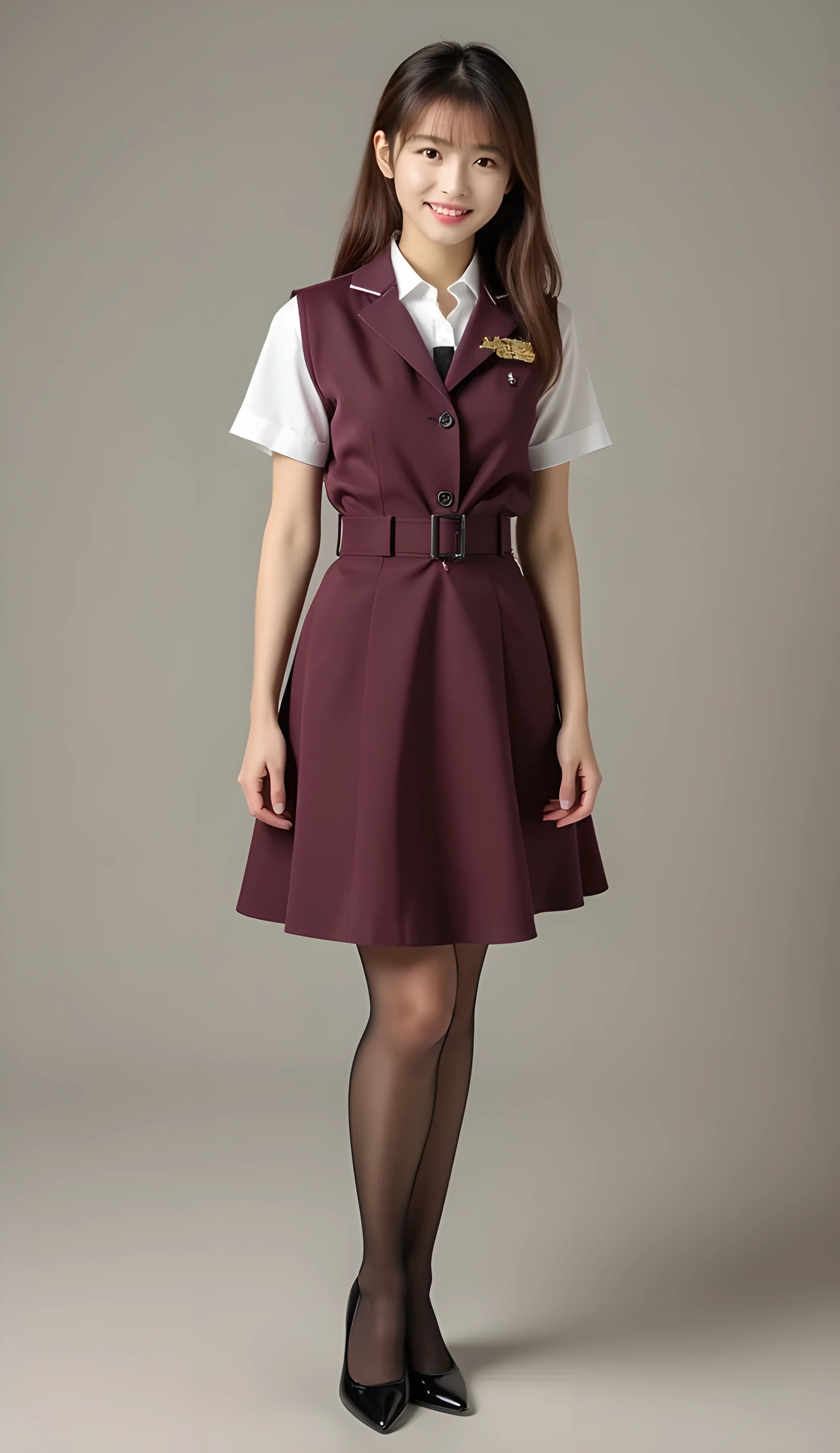 Super Real , Photoreal , (Full body image:1.5), She looks so happy , shadow, Global Illumination , Alone, (Japanese woman in her 20s :1.5), very beautiful、 cute smile , Slim, brown hair , Beautiful Legs , Long, slender legs , Surimi Waist , I'm wearing a receptionist uniform ,I'm wearing a bus guide's uniform , turn your body forward、 white hair,full body photo ,Please take a picture up to the tip of your foot ,wear brown pantyhose glittered on her legs ,When the light hits stockings, they reflects beautifully., wearing black high heels ,