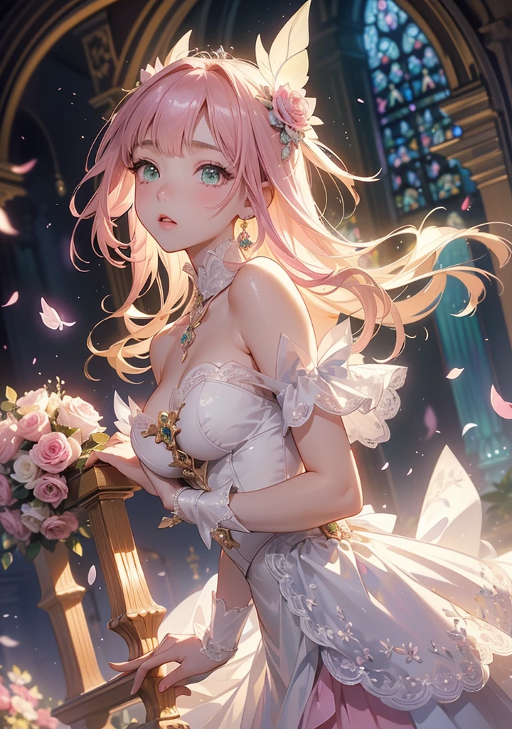 女の子1人、encrusted with pink and red hearts、、Too large breasts、cleavage of the breast、Dress with plenty of pink heart lace.、Large ribbon、lace cape、Lace veil、Eyes of Hearts、Her pale, Soft, Long hair studded with pale hearts..、A smile、Navel Ejection、pink hearts and frills、Princess Heartluffy cute background、pale heart、Pastel tones、Collect hearts under the sunlight、heart girl、heart castle