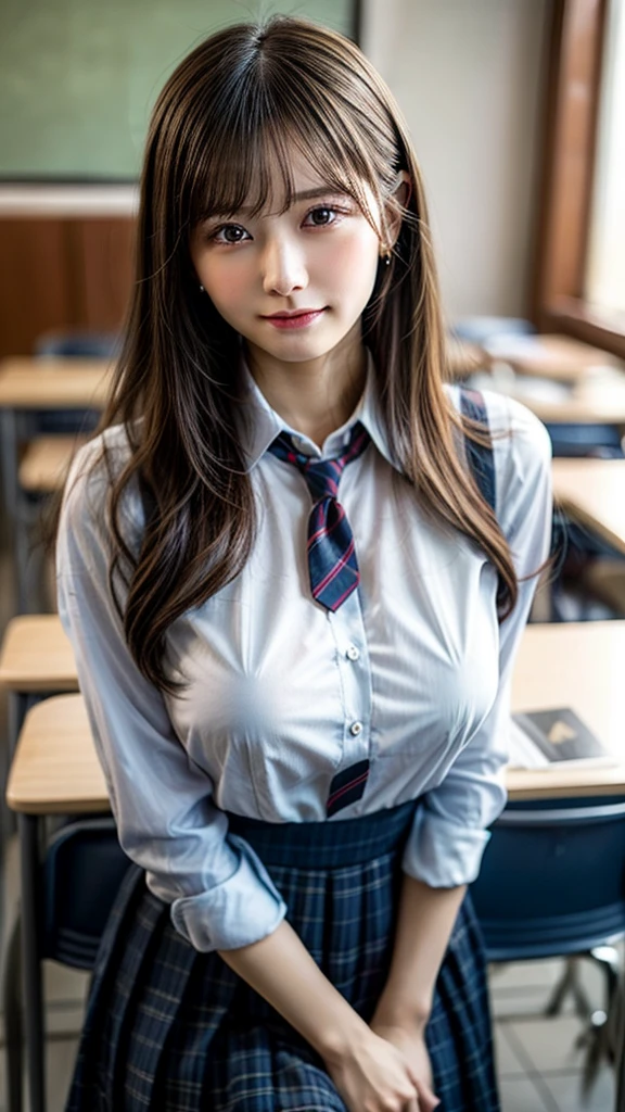 (highest quality, 8k, 32k, Masseter muscle area, Hmph:1.2), (Realistic, Photorealistic:1.1), (Perfect Anatomy:1.2), horizontal distance method, The bangs are down, White Panty Shot１．６squat, ponytail, Shiny brown hair, (Medium Hair:1.2), Bust Up View, fold your hands behind your back, Look forward, Natural Eyes, Ultra-detailed, One Girl, Super cute school girl, Japanese, Only 17, Sitting in a chair, (High school art room, Dark Room, Dramatic sunset:1.4), Big Breasts, Big breasts, Beautiful detailing,( Patterned tie:1.1), (Black-rimmed glasses:1.2), uniform, (Long sleeve white shirt with collar:1.2), Checkered Pleated Skirt, Highly emotional and spectacular cinematic lighting,