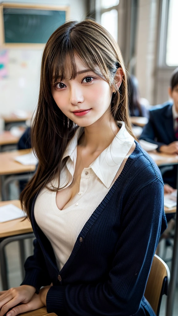 Best Quality, Face Focus, Soft light, 超A high resolution, (Photorealistic:1.4), Raw photo,Emphasize cleavage、a Korean girl, Cute, (pupils on, Light in the eyes), Detailed beautiful face, (large boob),(High-resolution details of human skin texture),Frolic,Colossal tits,Cute smile,Oiled skin、Fresh skin、shinny skin、Slime skin、Beautiful skin、Oiled skin、
(a short bob,Black hair)、indecency、garterbelts、Slouched、Classroom、You can see the valley、damask shirt、
(Portrait)