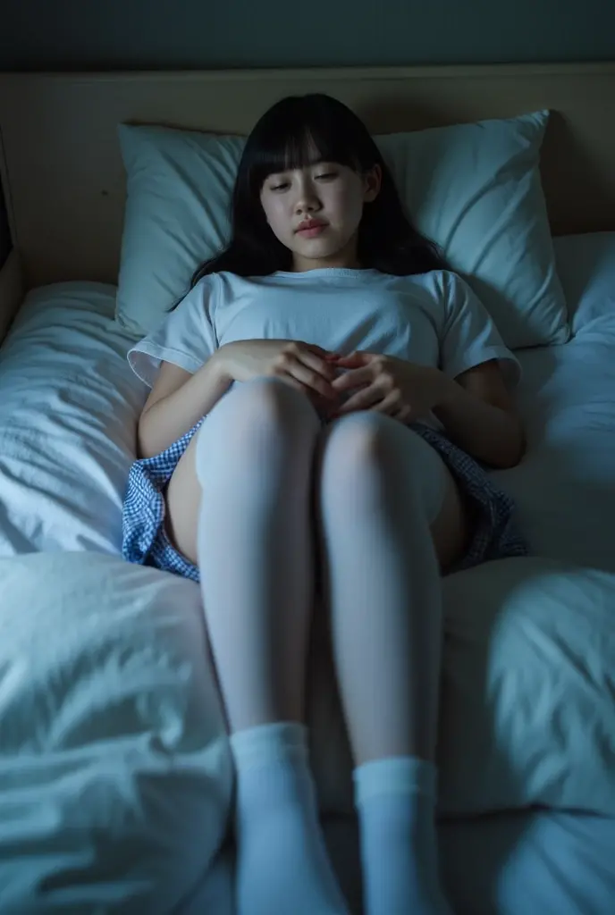 (in 8K、Raw photography, top-quality, hight resolution:1.2)、(realisitic、photoRealstic:1.5)、1 girl, cute girl, ((20 years old))、japanese, solo, ((Beautiful girl lying in bed sleeping)), ((back)), ((back camera)), ((School Uniforms, red checked skirt)), ((less mole)), ((short hair)), ((wavy hair)), detailed face, detailed body, Cute and very detailed eyes, ((room at night)), ((dark light)), dark ilumination, (blue colour shade), (cool lighting), (lying on your back on bed), Depiction from the back、Sleep with your butt turned、