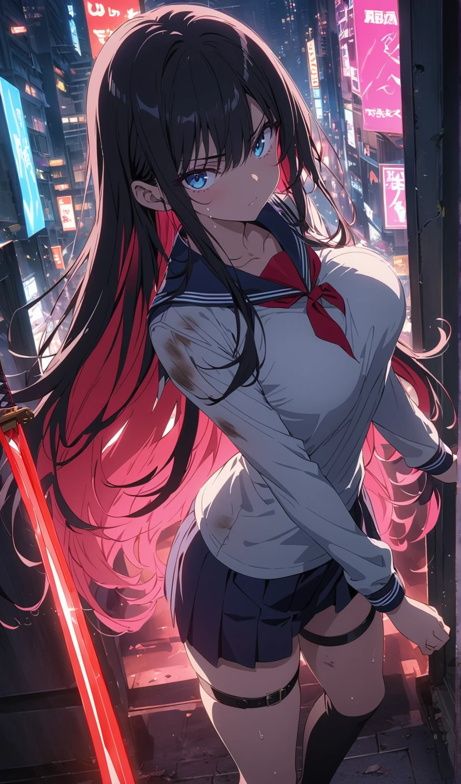 Action Scenes:Woman fighting the devil、(((masterpiece, highest quality:1.3,absurdres))),cowboy shot,18 year old beauty,solo,((very small head:1.4)),ponytail hair style,long hair,blunt bangs,black hair,glay eyes,Serious expression,blush,medium breasts,((very long body,slender body)),skinny,gleaming skin,shiny skin, ,(High leg white leotard)、(Short sleeve、Navy blue sailor collar、Red neckerchief、white_thighhighs)、White sneakers, ,Defeat the demon with a samurai sword slash、Abandoned Factory、at night、