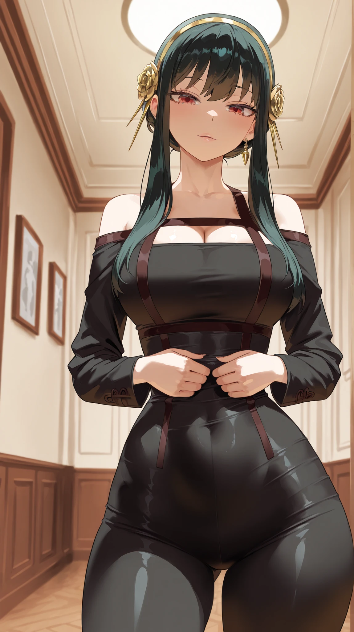 A beautiful adult woman with shoulder-length lilac hair, big breasts, beautiful legs, and a sharp face is wearing a tube top and a miniskirt of a black suit, showing her lilac panties and standing with her legs spread apart in a private room.。red blush。