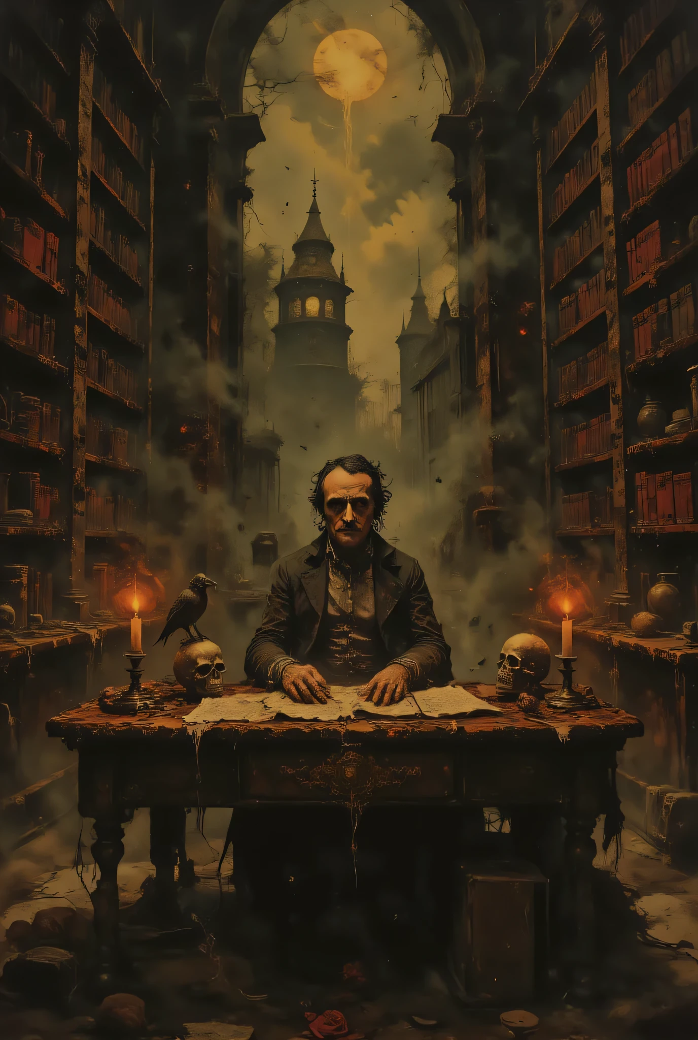 Edgar Allan Poe sitting at a desk in a Gothic library, a raven is perched on a human skull sitting on his desk, Gothic fantasy, high detail, masterpiece.