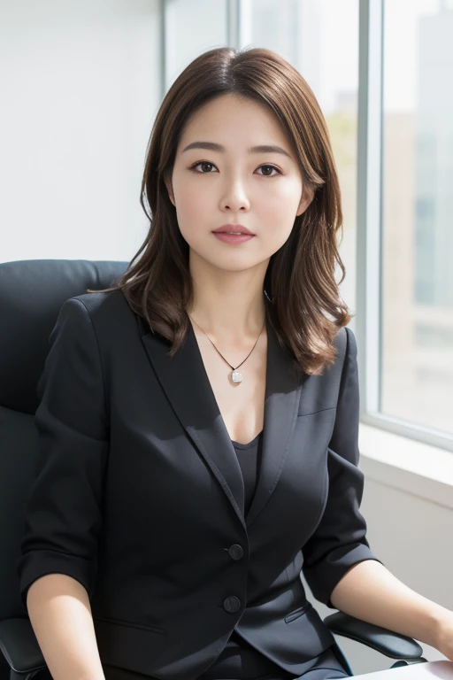 ((Best Quality, 8k, Masterpiece: 1.3)), Photorealistic, Sharp Focus, High Quality, High Definition, Portrait, Solo, Japan, Middle Aged Woman, Beauty, Clothes with Cleavage View, 43 years old, Plump, Wavy Hair, Business suit, Wrinkles at the corners of the eyes:0.5, Narrow backyard, Lots of boxes, Lots of files, Dark background